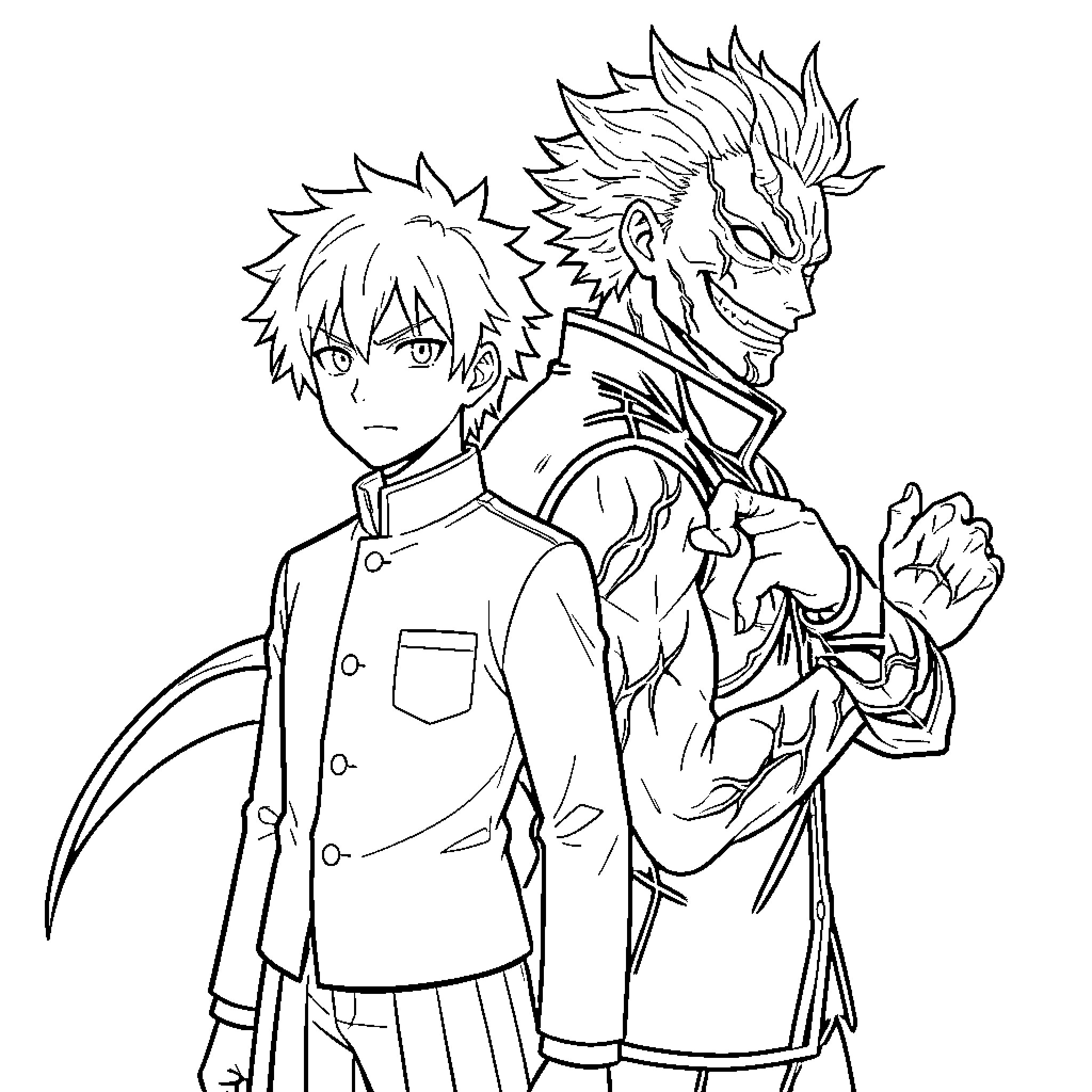 Yuji Itadori with a determined expression and powerful partner Coloring Page (free black-and-white line drawing printable PDF for all, from beginners to advanced learners, including children, teens, adults, and seniors)