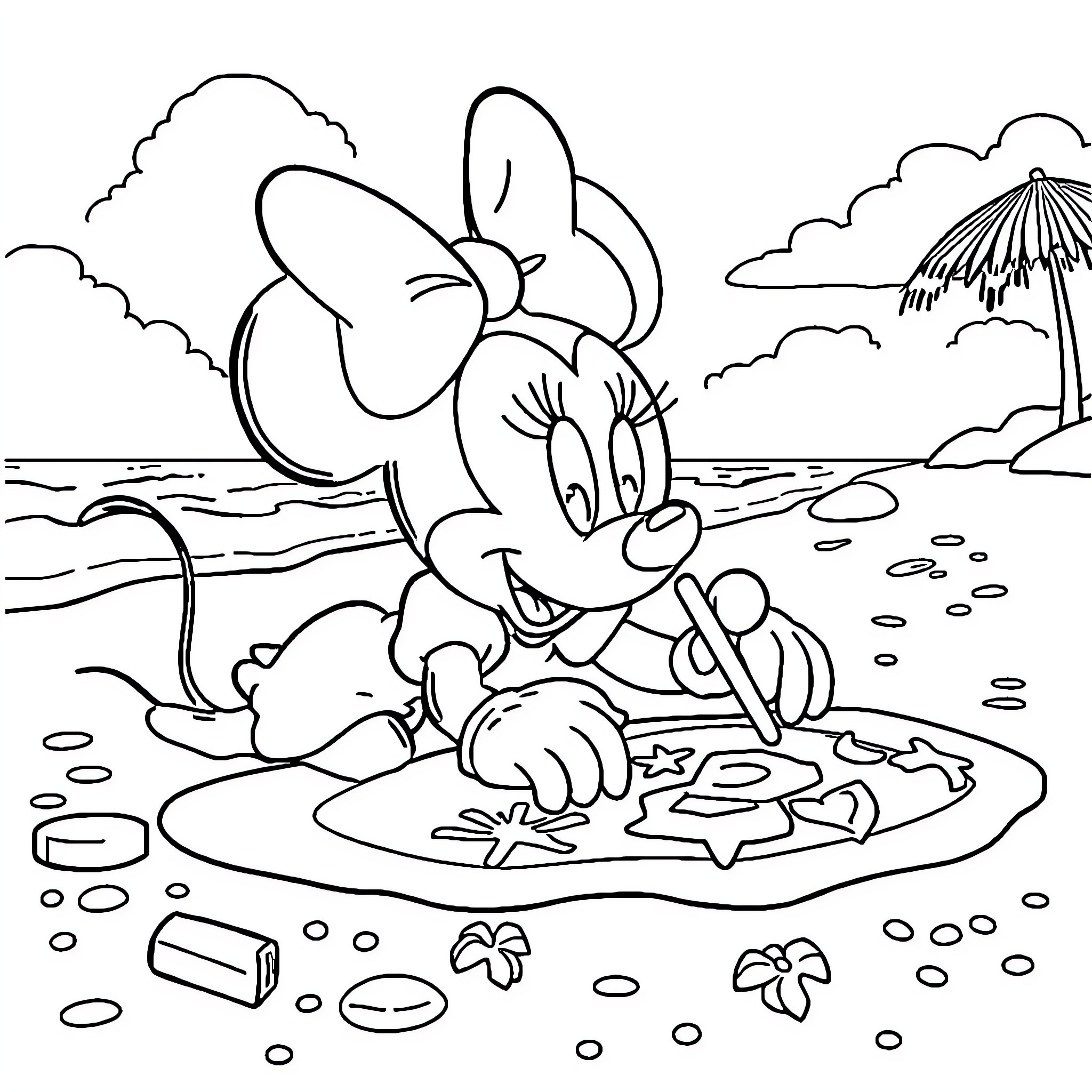Minnie Mouse relaxing on the beach Coloring Page (free black-and-white line drawing printable PDF for all, from beginners to advanced learners, including children, teens, adults, and seniors)