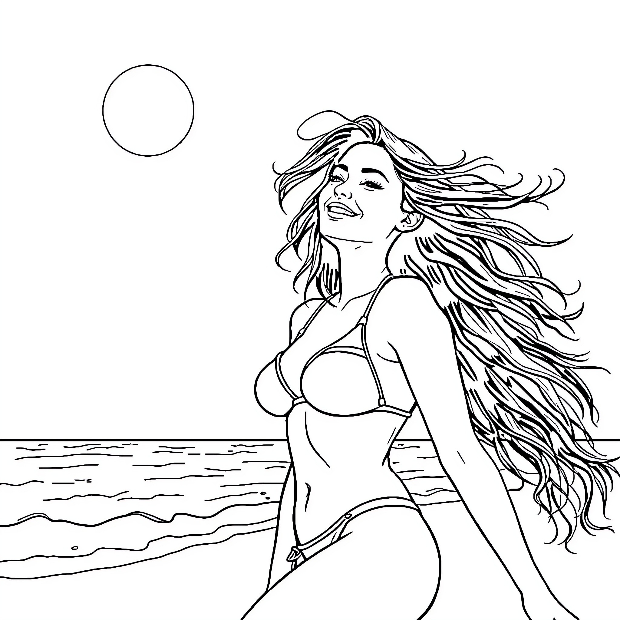 Woman relaxing in the sunlight on the beach Coloring Page (free black-and-white line drawing printable PDF for all, from beginners to advanced learners, including children, teens, adults, and seniors)