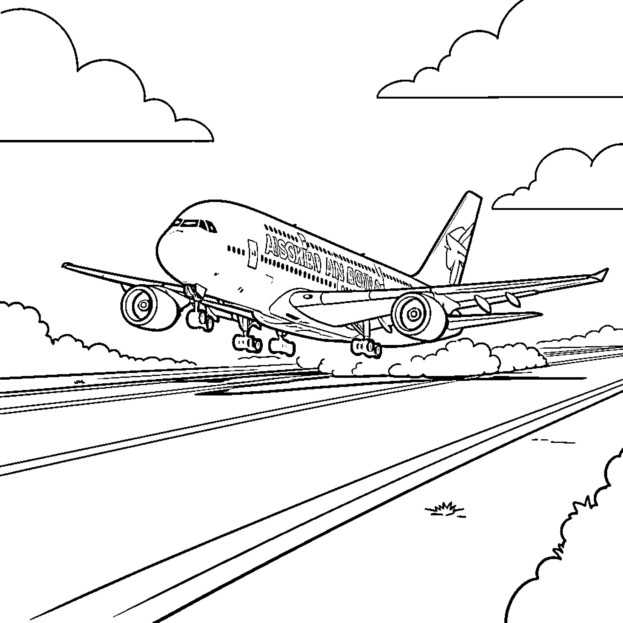 Airbus A380 taking off from a runway Coloring Page (free black-and-white line drawing printable PDF for all, from beginners to advanced learners, including children, teens, adults, and seniors)