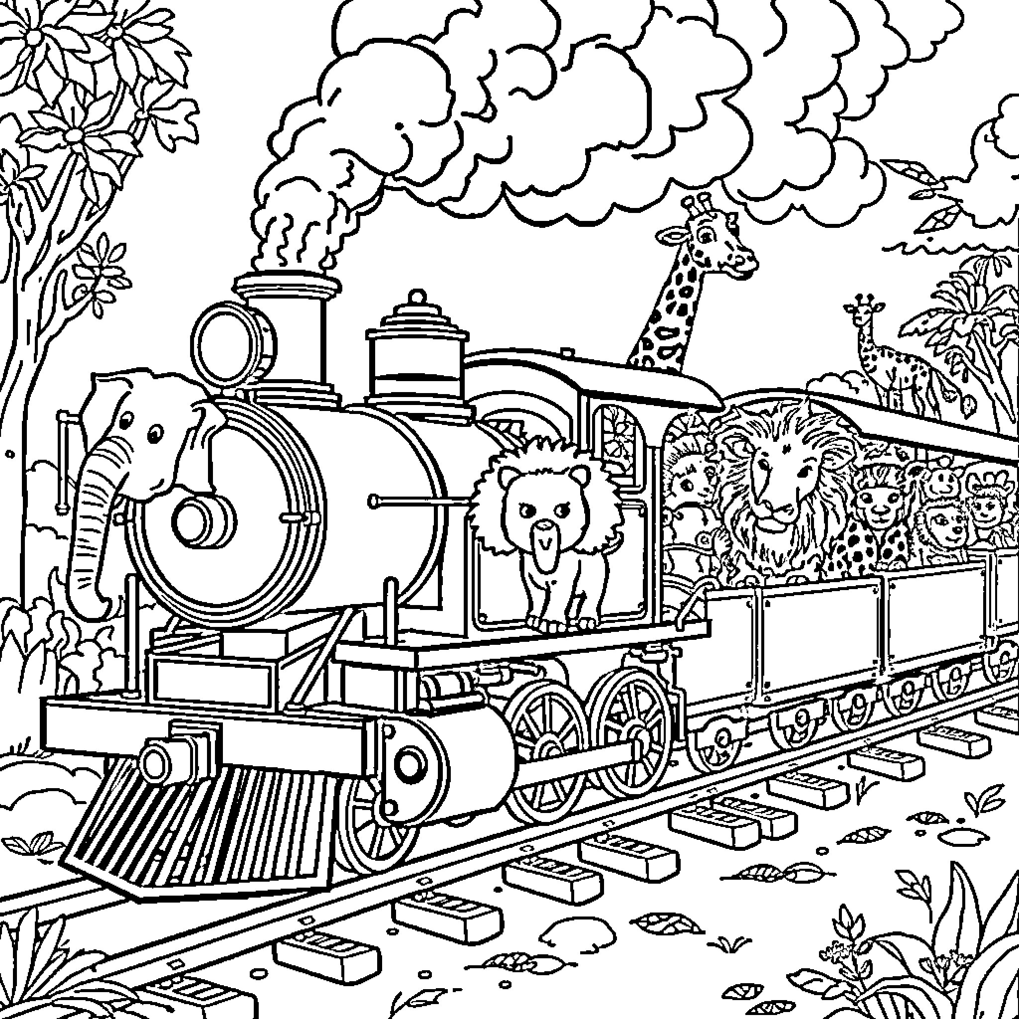Train transporting animals through jungle landscape Coloring Page (free black-and-white line drawing printable PDF for all, from beginners to advanced learners, including children, teens, adults, and seniors)