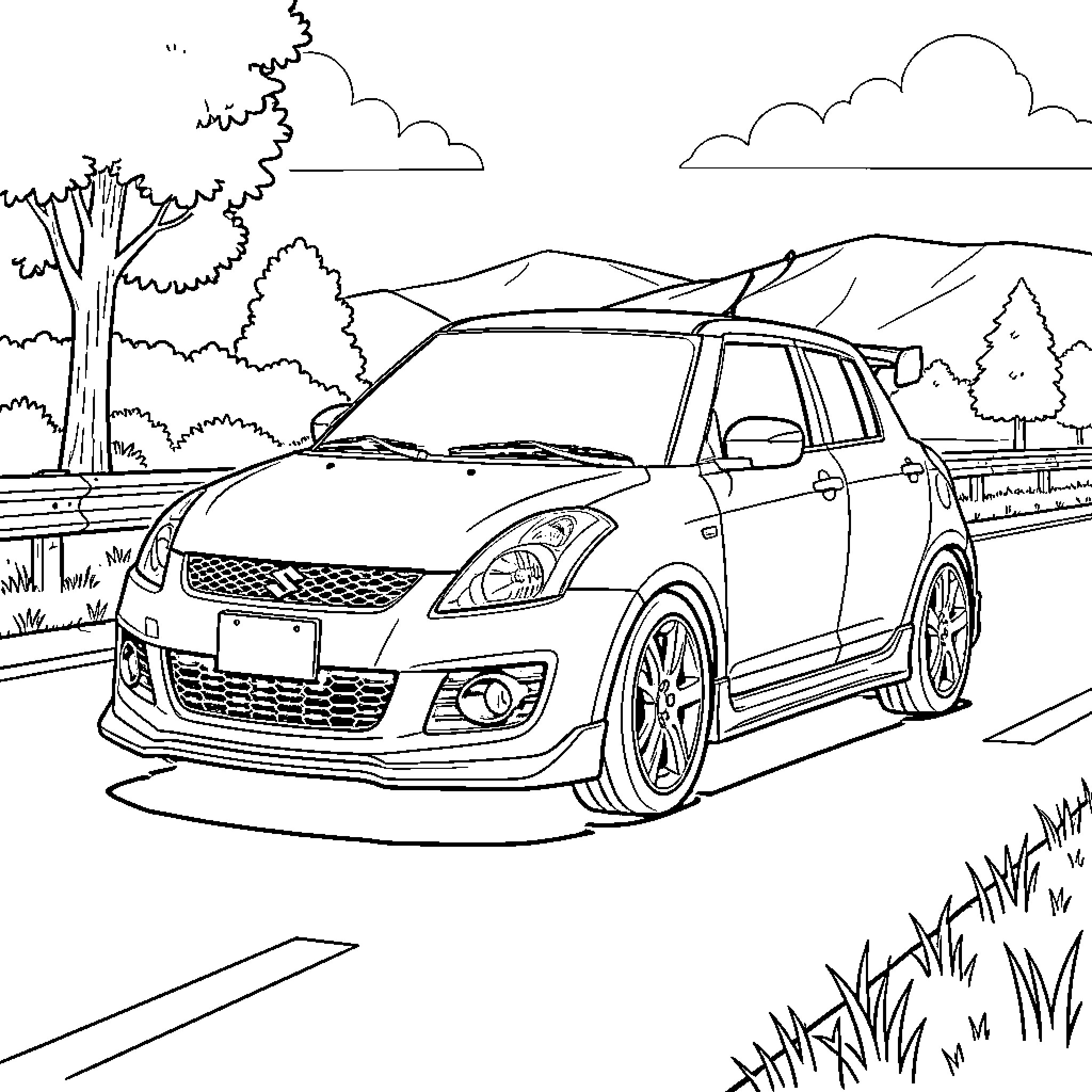 Suzuki Swift driving along a scenic mountain road Coloring Page (free black-and-white line drawing printable PDF for all, from beginners to advanced learners, including children, teens, adults, and seniors)