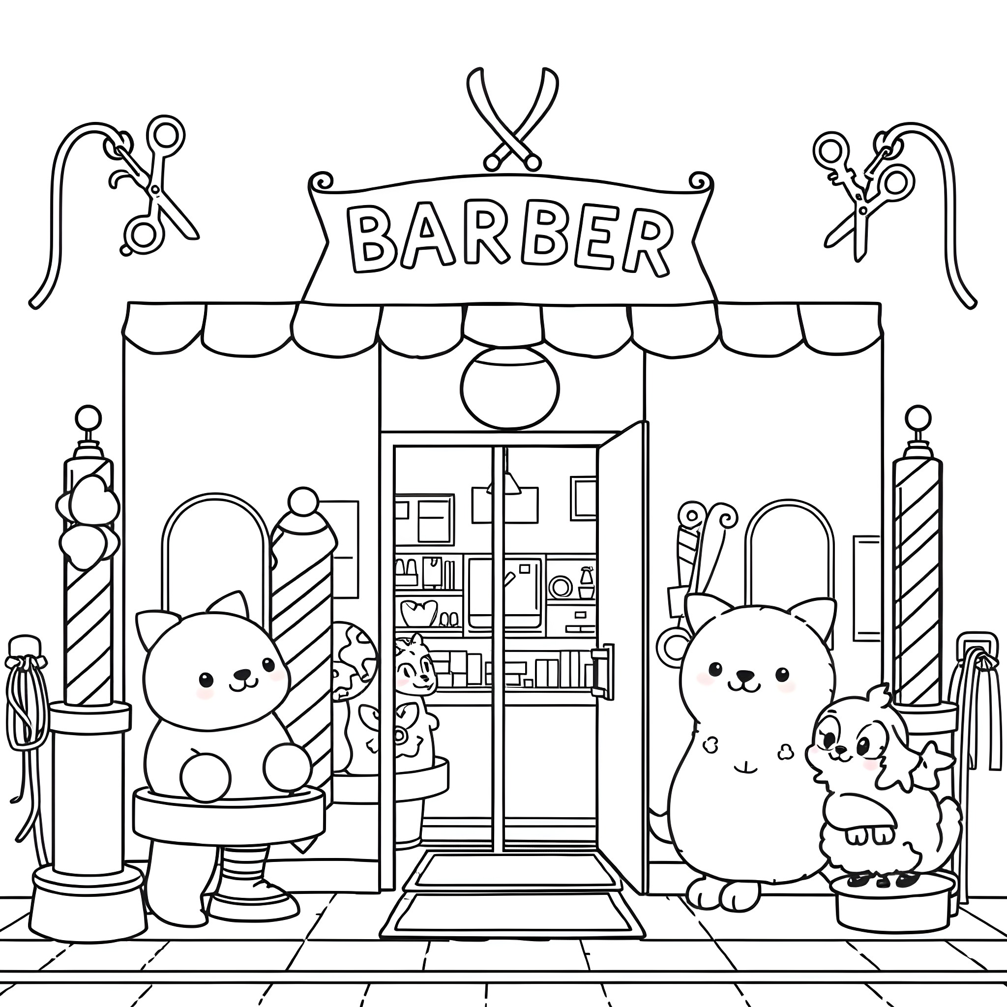 Barber Shop Featuring Cute Animals and Barbershop Tools Coloring Page (free black-and-white line drawing printable PDF for all, from beginners to advanced learners, including children, teens, adults, and seniors)