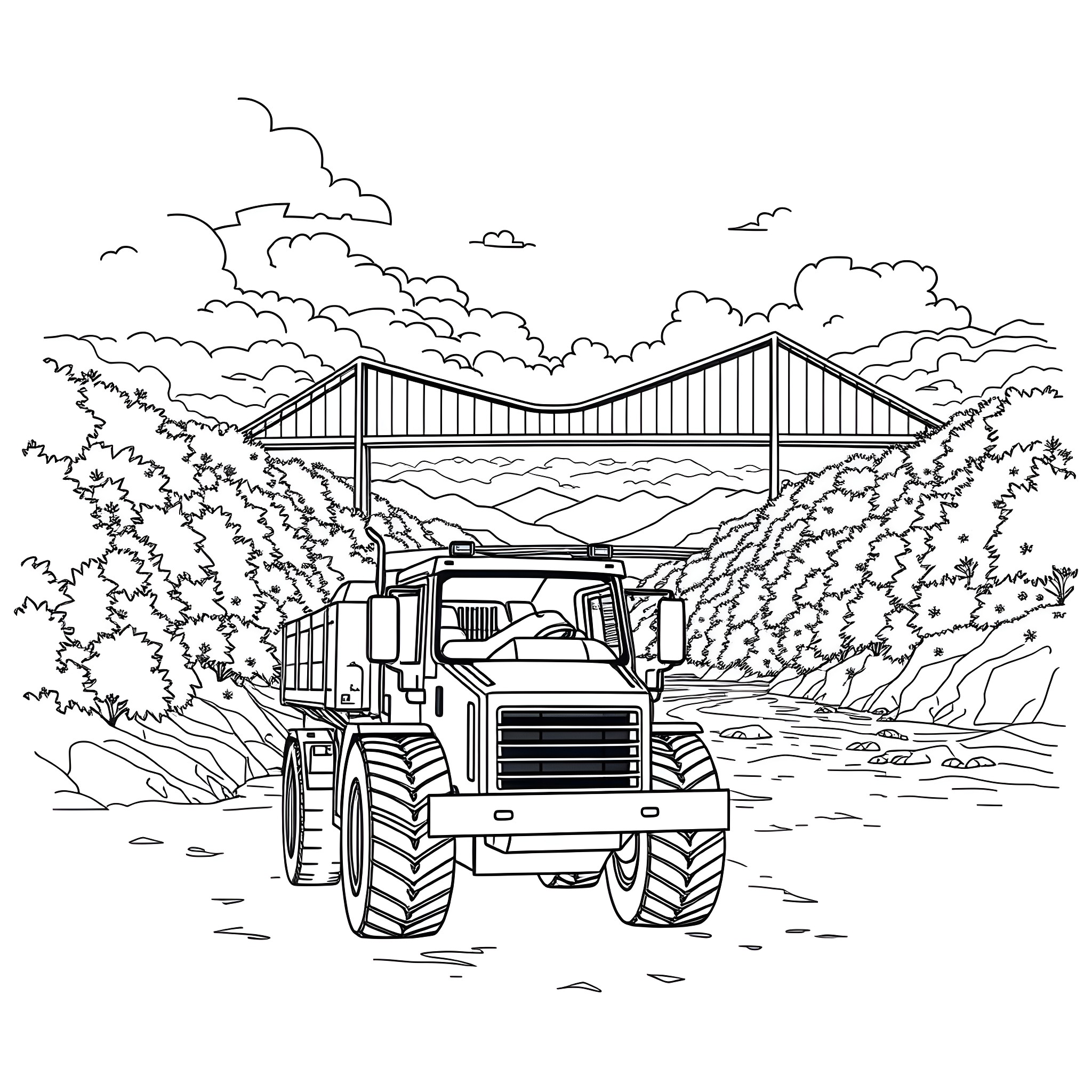 Construction Vehicle Transporting Materials on Bridge Coloring Page (free black-and-white line drawing printable PDF for all, from beginners to advanced learners, including children, teens, adults, and seniors)