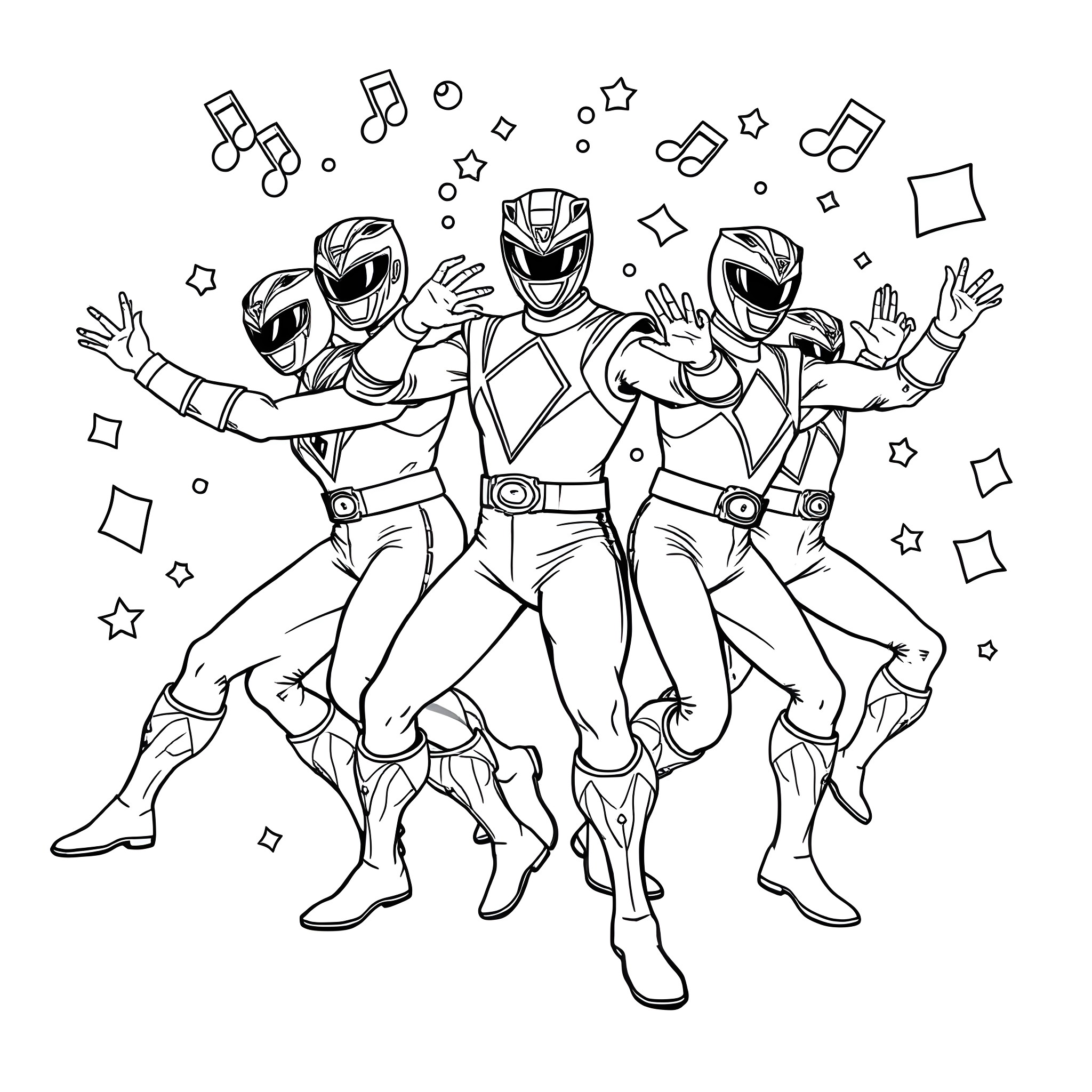Power Rangers Performing Energetic Superhero Poses Coloring Page (free black-and-white line drawing printable PDF for all, from beginners to advanced learners, including children, teens, adults, and seniors)