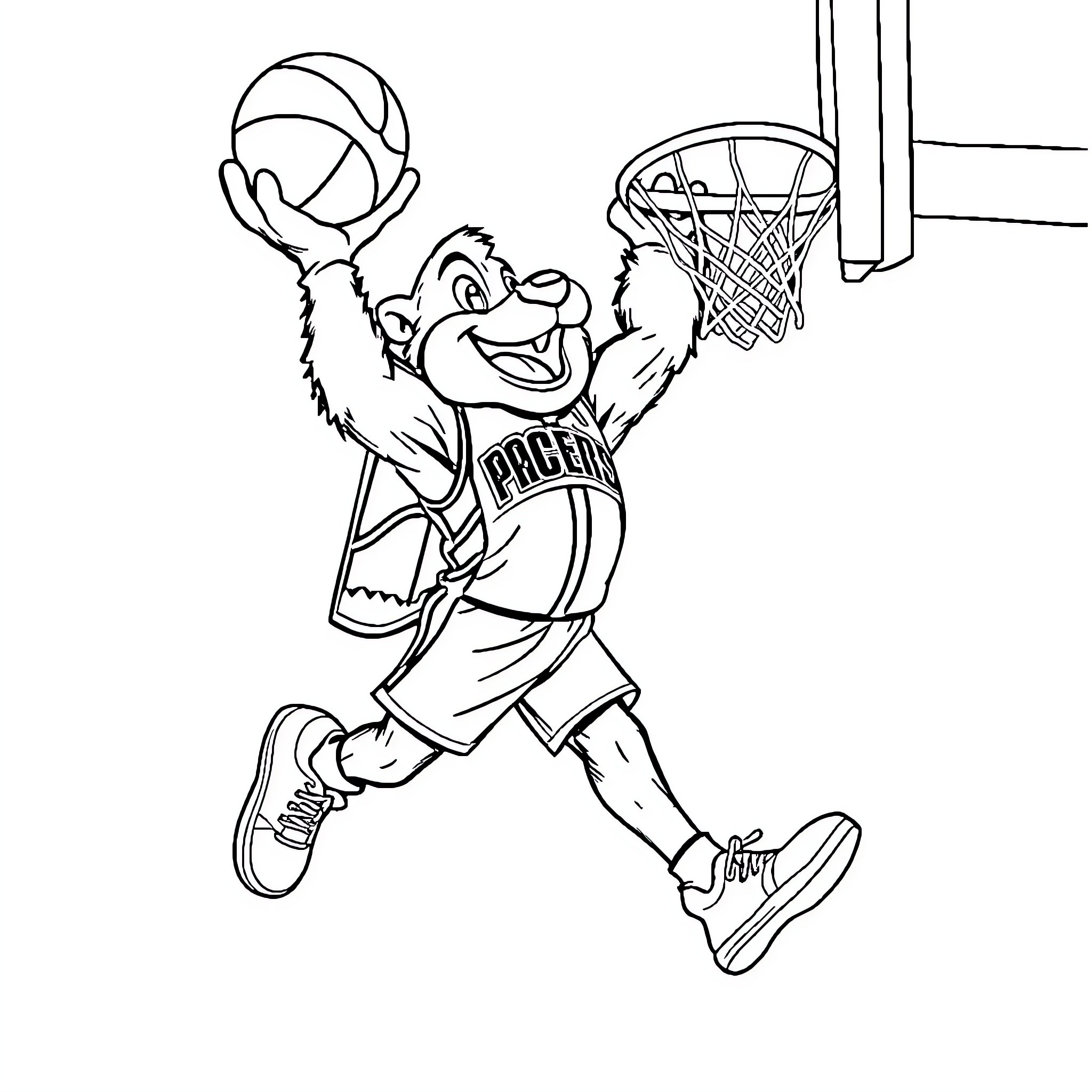 Boomer Basketball Player Dunking the Ball Coloring Page (free black-and-white line drawing printable PDF for all, from beginners to advanced learners, including children, teens, adults, and seniors)