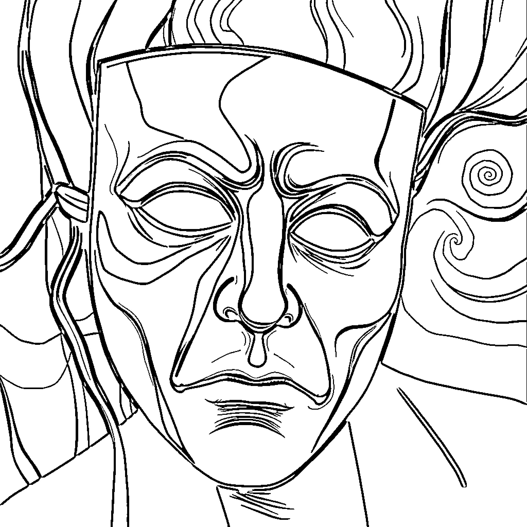 Mask of Intense Expression Coloring Page (free black-and-white line drawing printable PDF for all, from beginners to advanced learners, including children, teens, adults, and seniors)