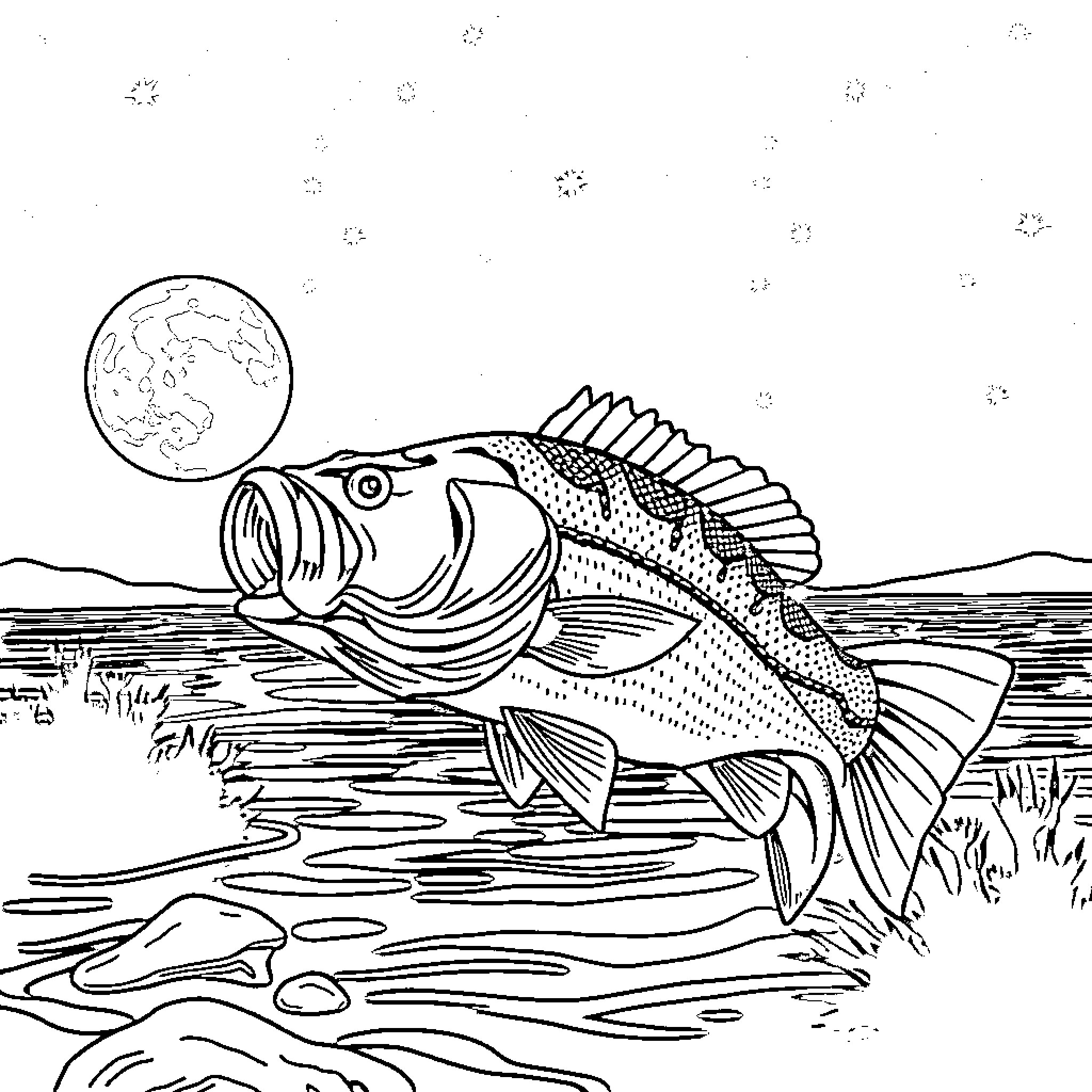 Bass leaping through moonlit waters Coloring Page (free black-and-white line drawing printable PDF for all, from beginners to advanced learners, including children, teens, adults, and seniors)