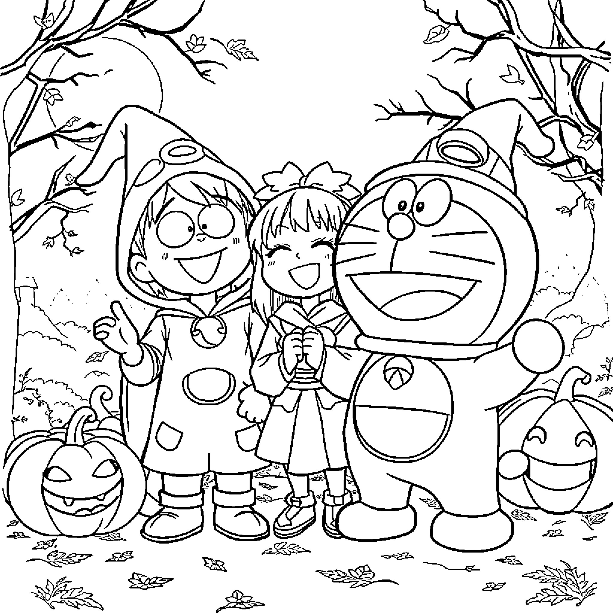 Doraemon Characters Enjoying Halloween Festivities Coloring Page (free black-and-white line drawing printable PDF for all, from beginners to advanced learners, including children, teens, adults, and seniors)
