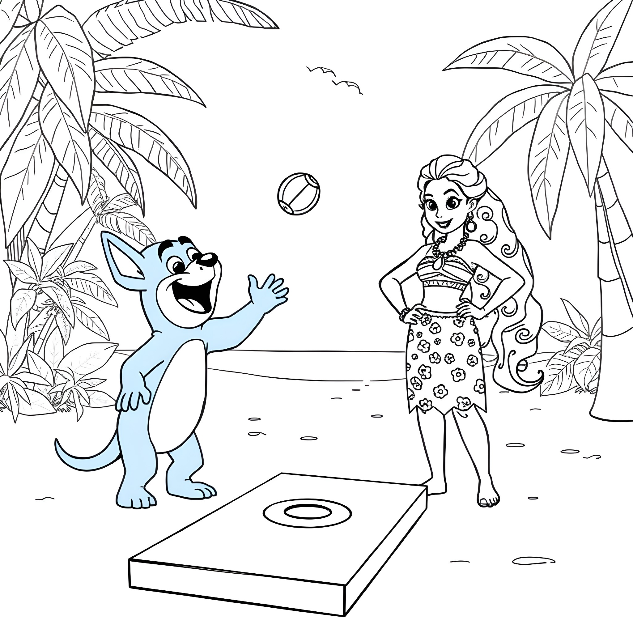 Bluey and friend playing beach games in the tropics Coloring Page (free black-and-white line drawing printable PDF for all, from beginners to advanced learners, including children, teens, adults, and seniors)