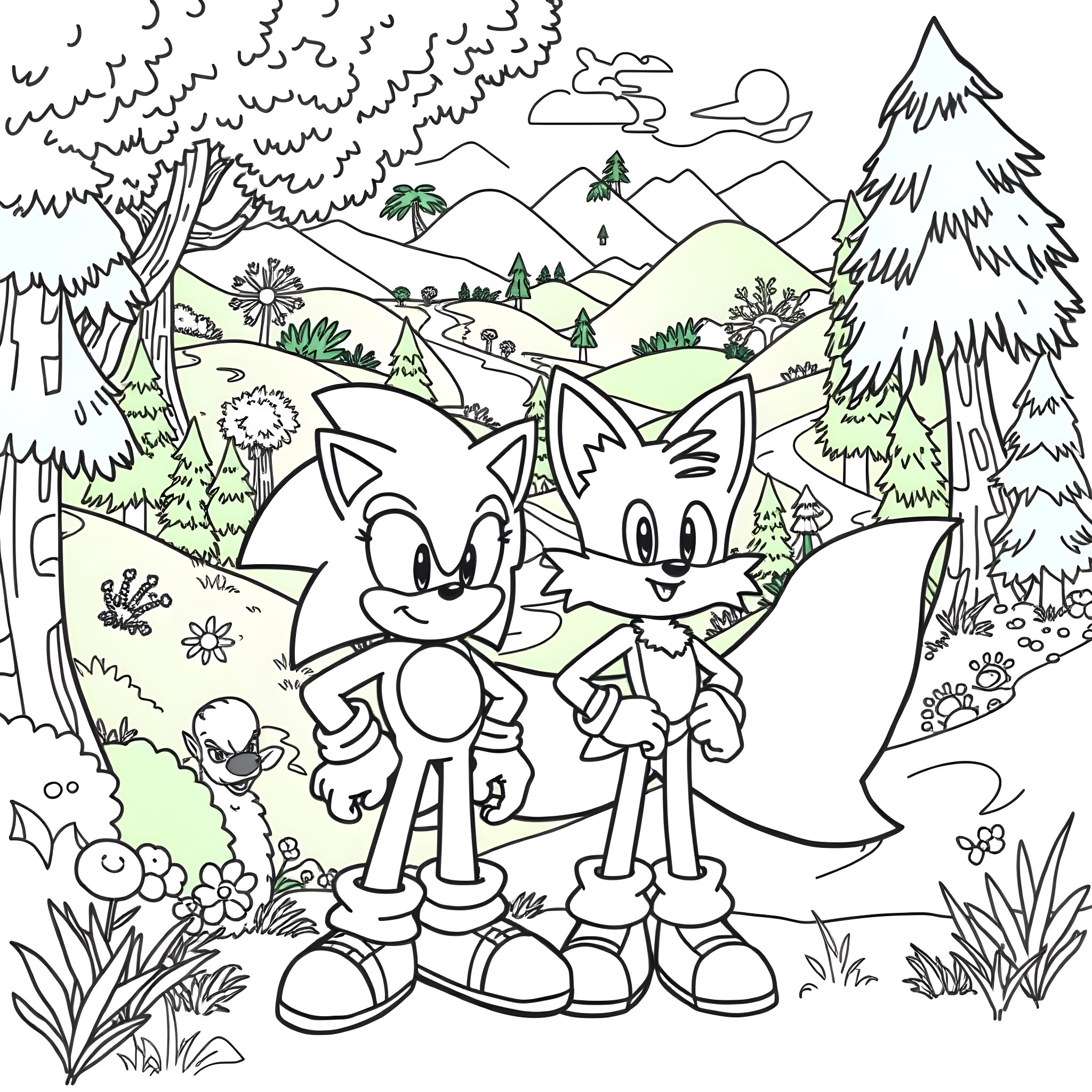 Sonic and Friends Explore Lush Nature Landscape Coloring Page (free black-and-white line drawing printable PDF for all, from beginners to advanced learners, including children, teens, adults, and seniors)