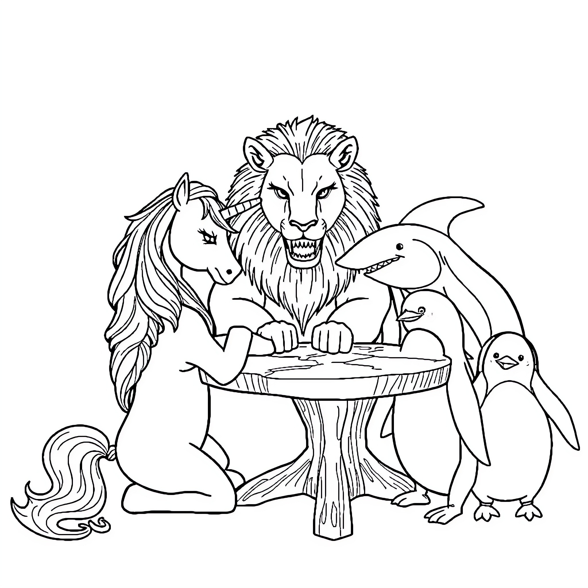 Unicorn, Lion, and Penguin Gathered Around a Table Coloring Page (free black-and-white line drawing printable PDF for all, from beginners to advanced learners, including children, teens, adults, and seniors)