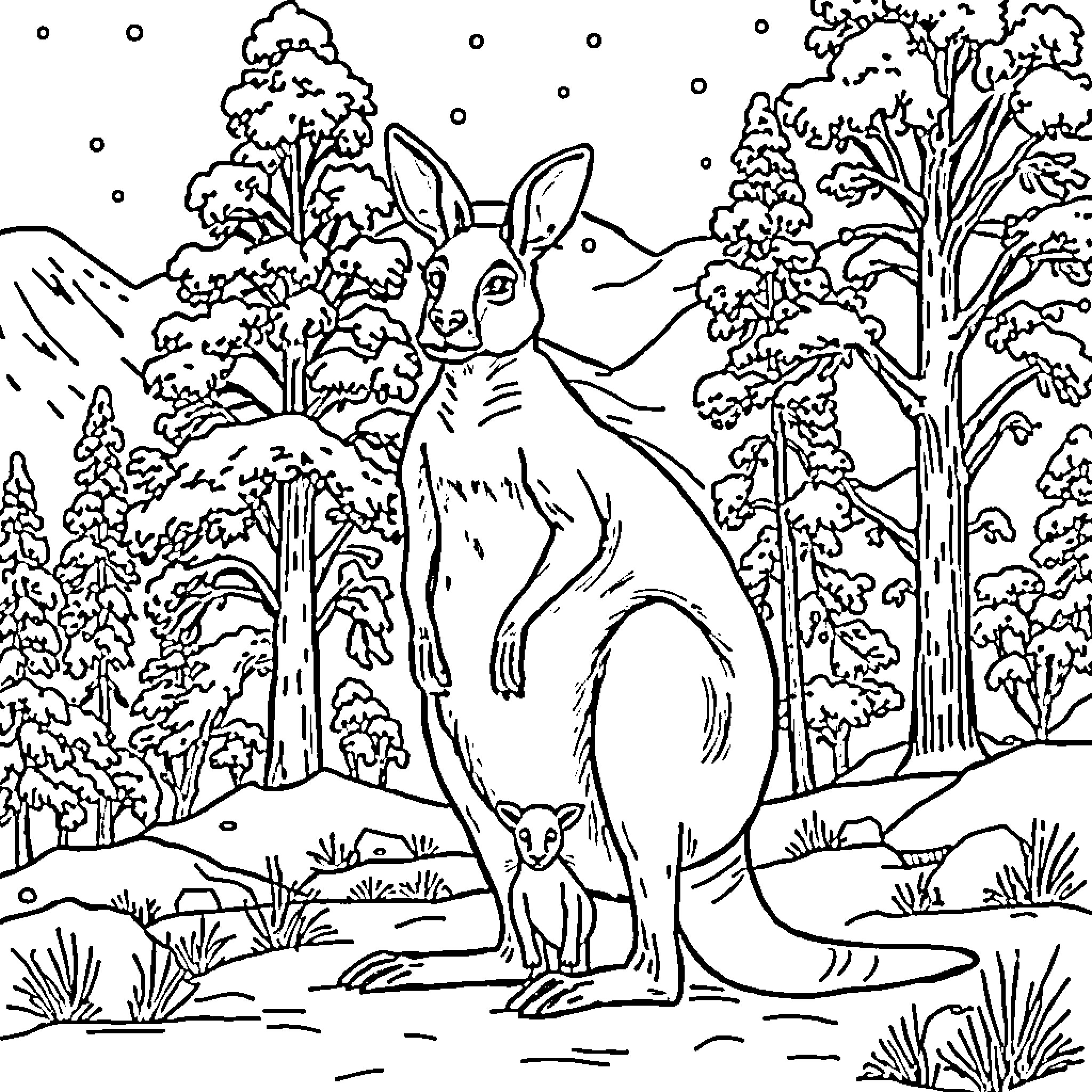 Kangaroo family in a snowy forest Coloring Page (free black-and-white line drawing printable PDF for all, from beginners to advanced learners, including children, teens, adults, and seniors)