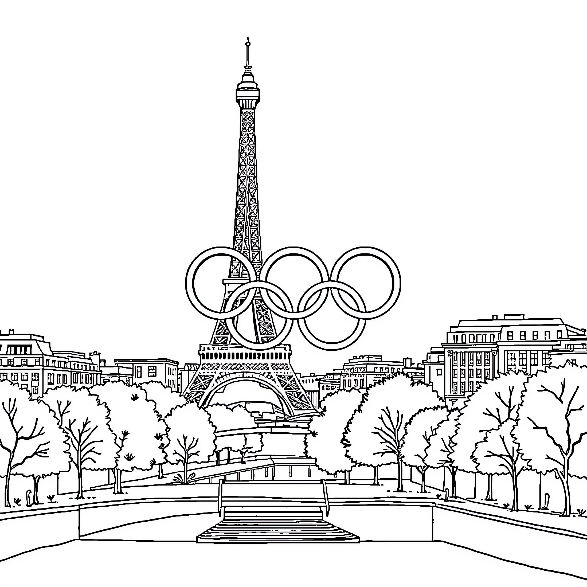 Paris Hosting the Olympic Games Coloring Page (free black-and-white line drawing printable PDF for all, from beginners to advanced learners, including children, teens, adults, and seniors)