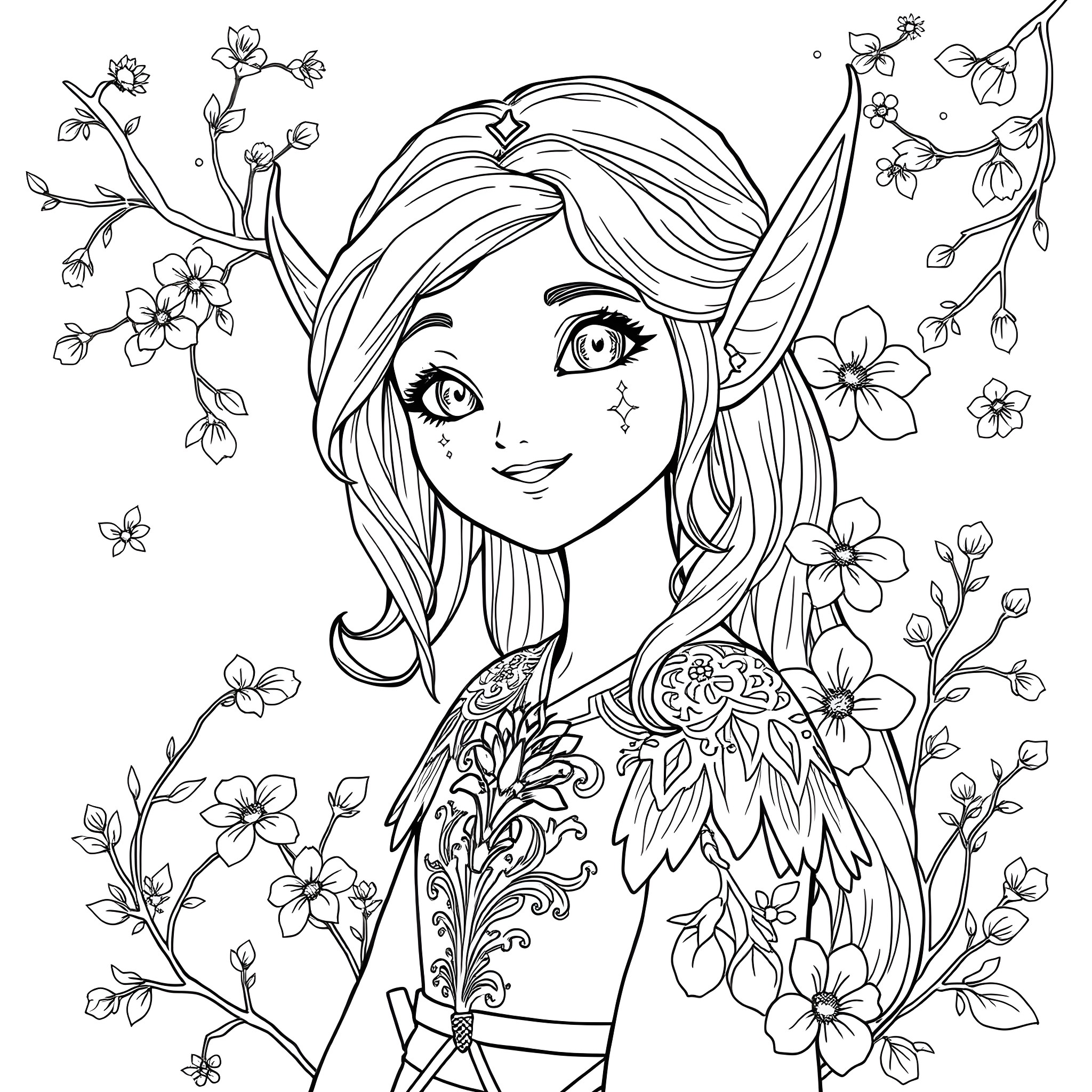 Girl with whimsical floral design in the background Coloring Page (free black-and-white line drawing printable PDF for all, from beginners to advanced learners, including children, teens, adults, and seniors)