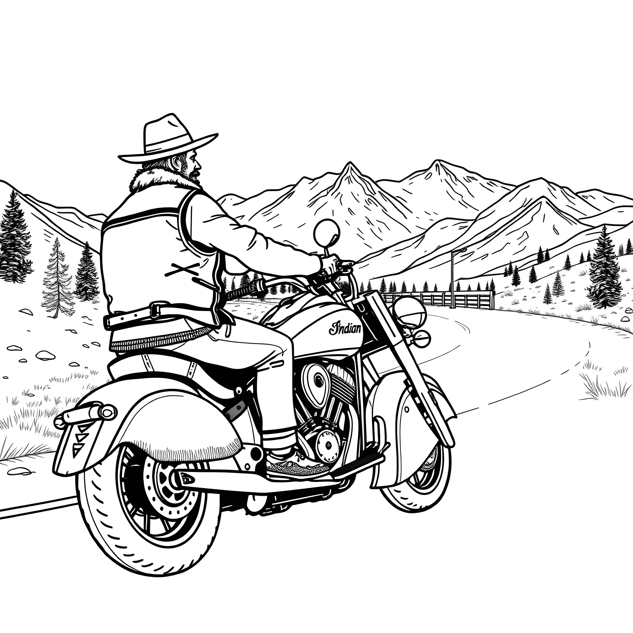 Motorcycle rider exploring scenic mountain landscape Coloring Page (free black-and-white line drawing printable PDF for all, from beginners to advanced learners, including children, teens, adults, and seniors)