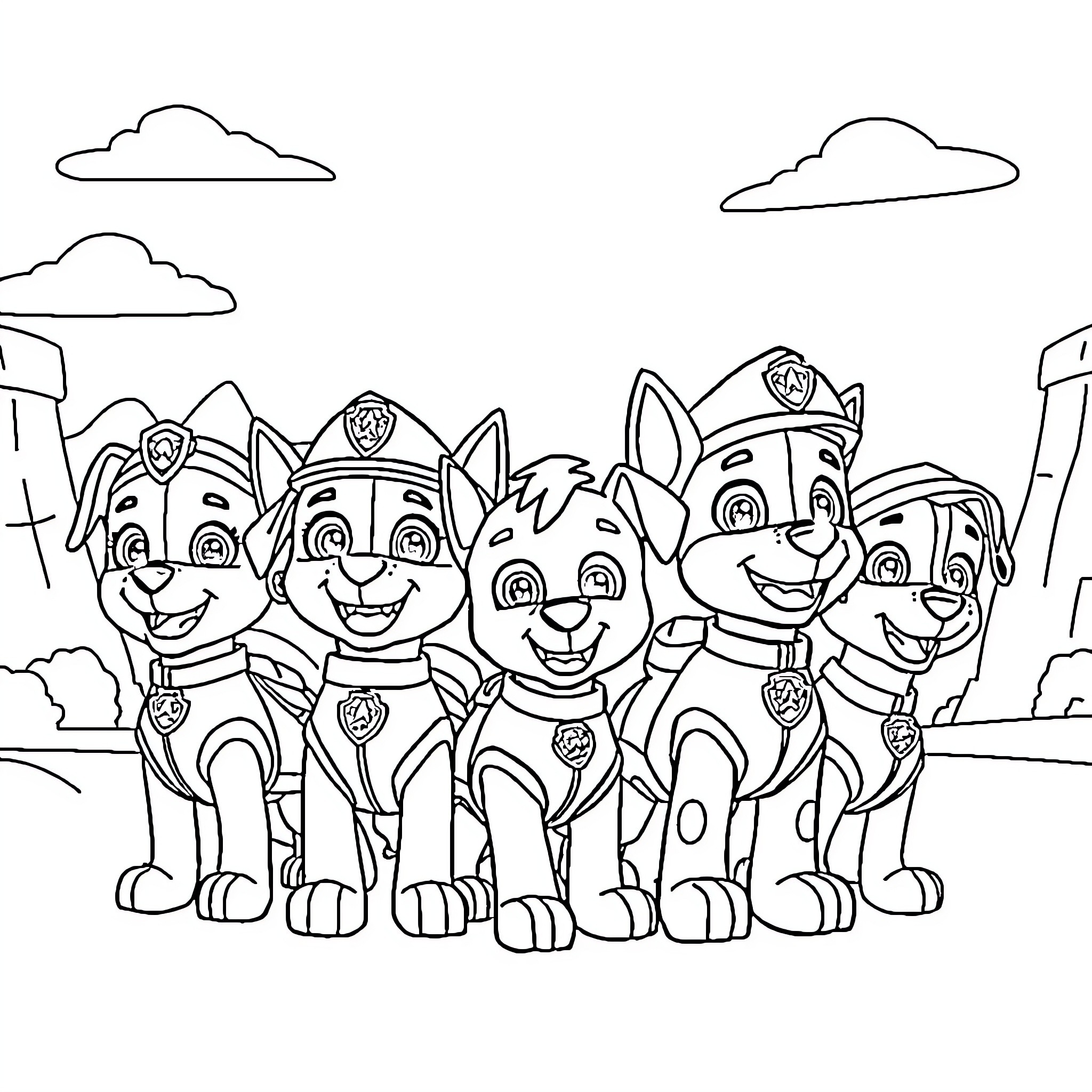 Paw Patrol team preparing for an adventure Coloring Page (free black-and-white line drawing printable PDF for all, from beginners to advanced learners, including children, teens, adults, and seniors)