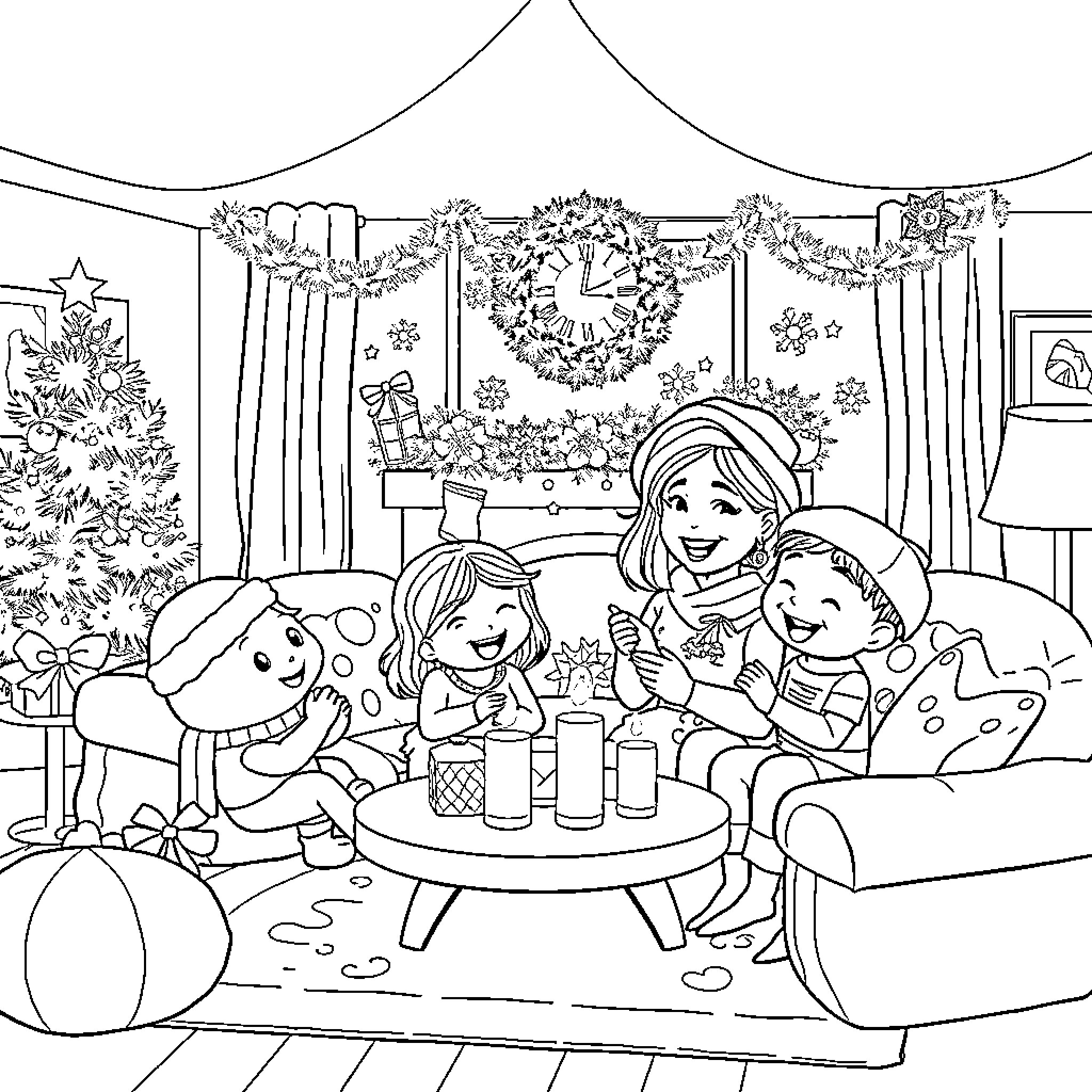Bluey's cozy Christmas gathering with friends Coloring Page (free black-and-white line drawing printable PDF for all, from beginners to advanced learners, including children, teens, adults, and seniors)