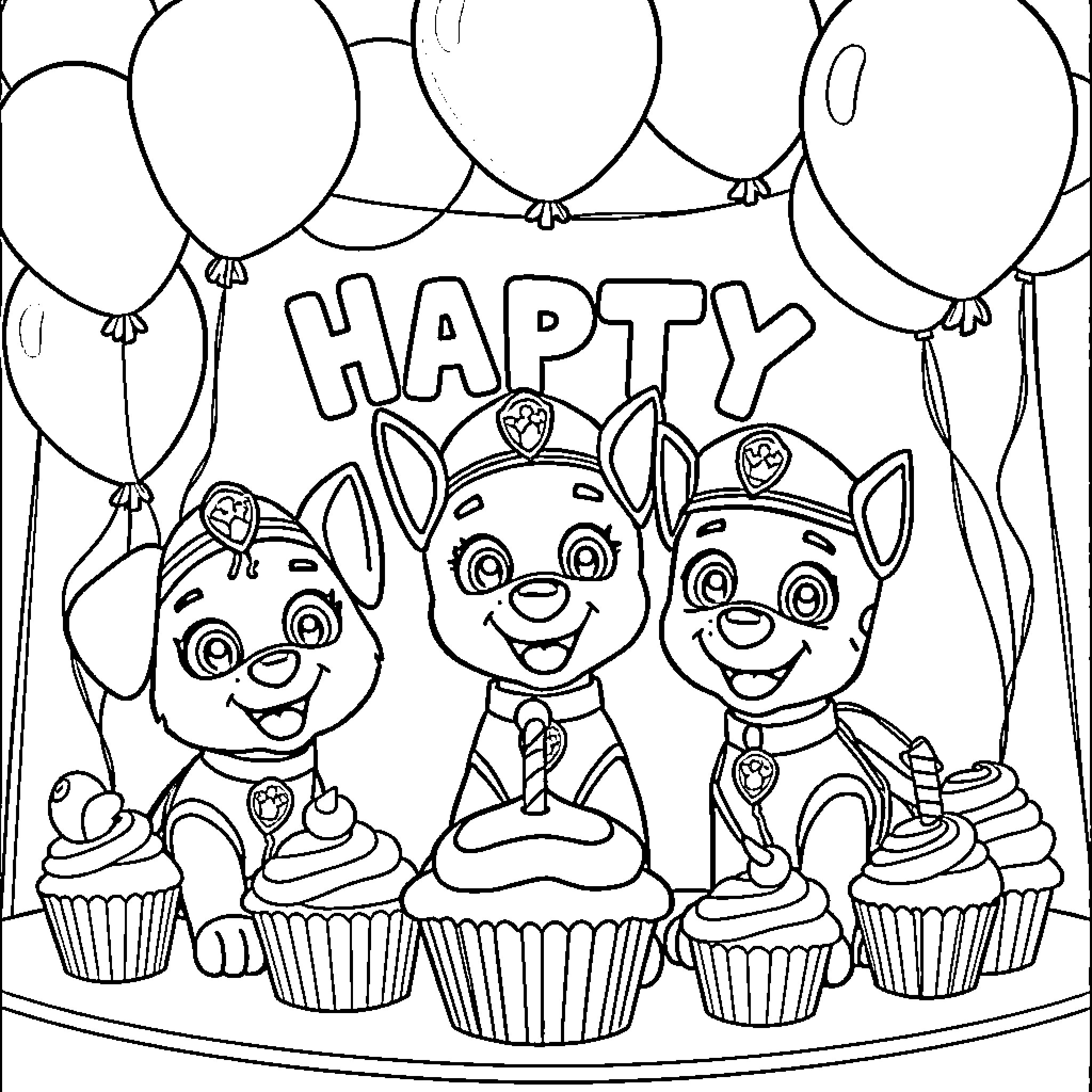 Paw Patrol characters celebrate with cupcakes and balloons Coloring Page (free black-and-white line drawing printable PDF for all, from beginners to advanced learners, including children, teens, adults, and seniors)