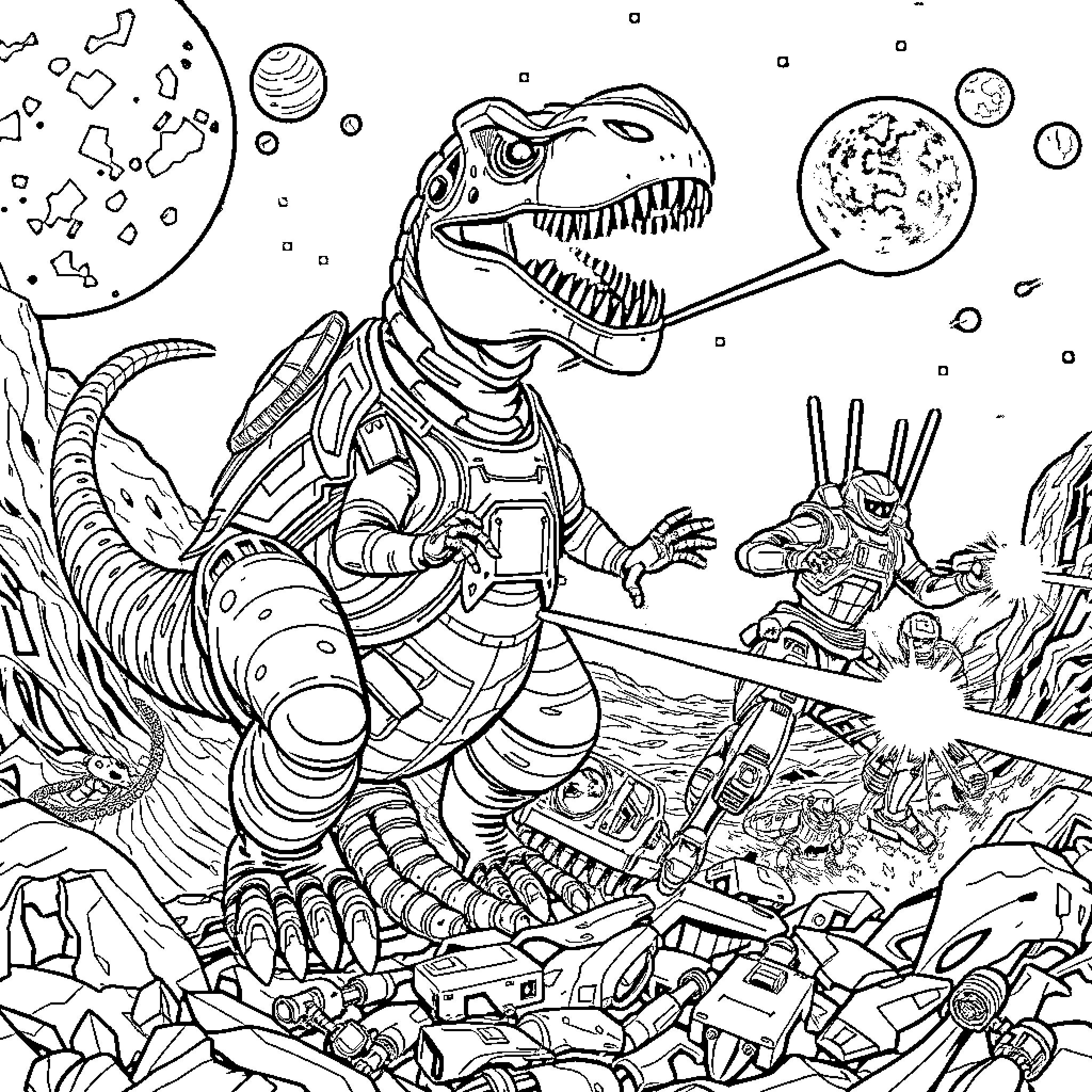 Dinosaur robot exploring a futuristic, alien world Coloring Page (free black-and-white line drawing printable PDF for all, from beginners to advanced learners, including children, teens, adults, and seniors)