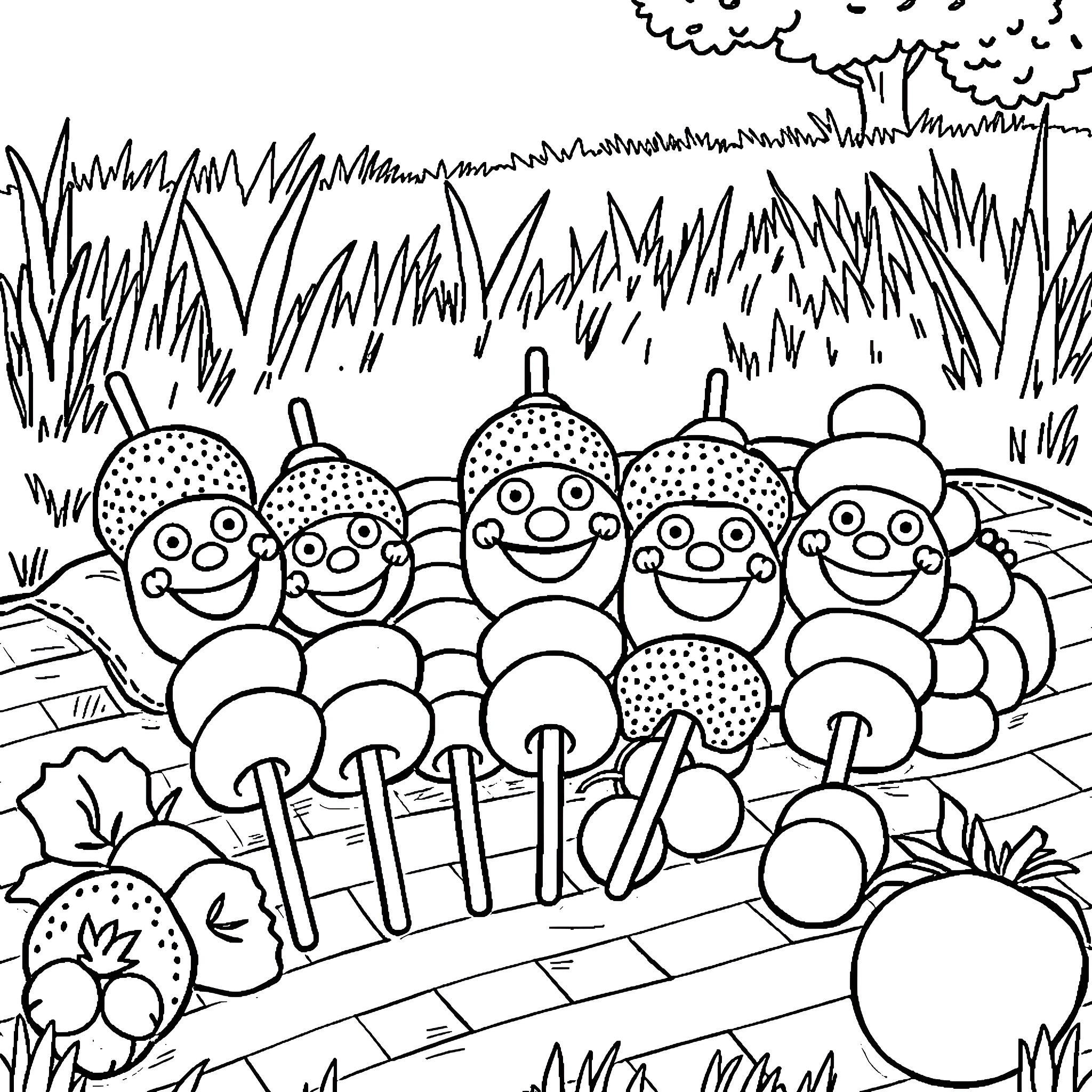 Fruit characters playing happily in the garden Coloring Page (free black-and-white line drawing printable PDF for all, from beginners to advanced learners, including children, teens, adults, and seniors)