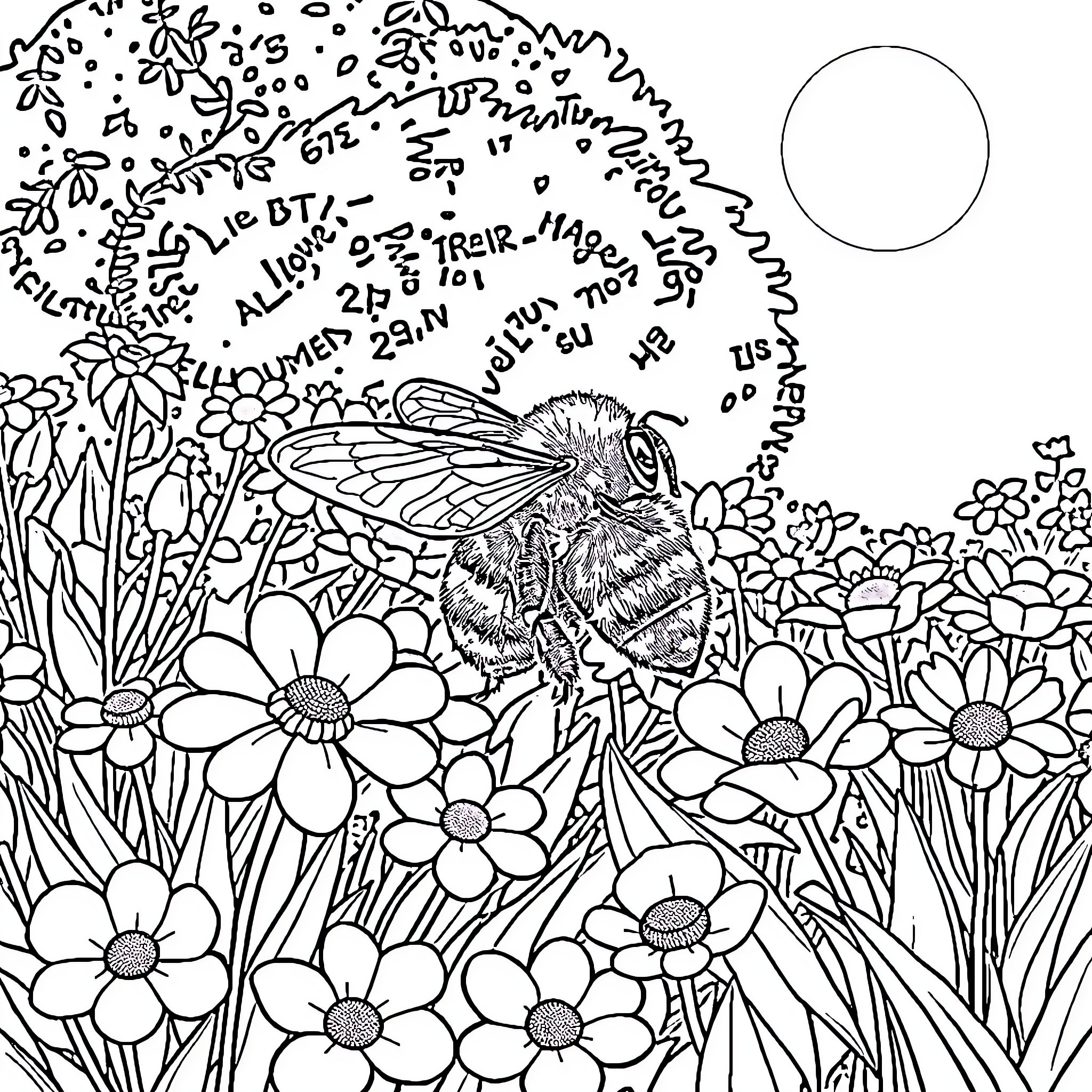 Bee in a floral field with doodles Coloring Page (free black-and-white line drawing printable PDF for all, from beginners to advanced learners, including children, teens, adults, and seniors)
