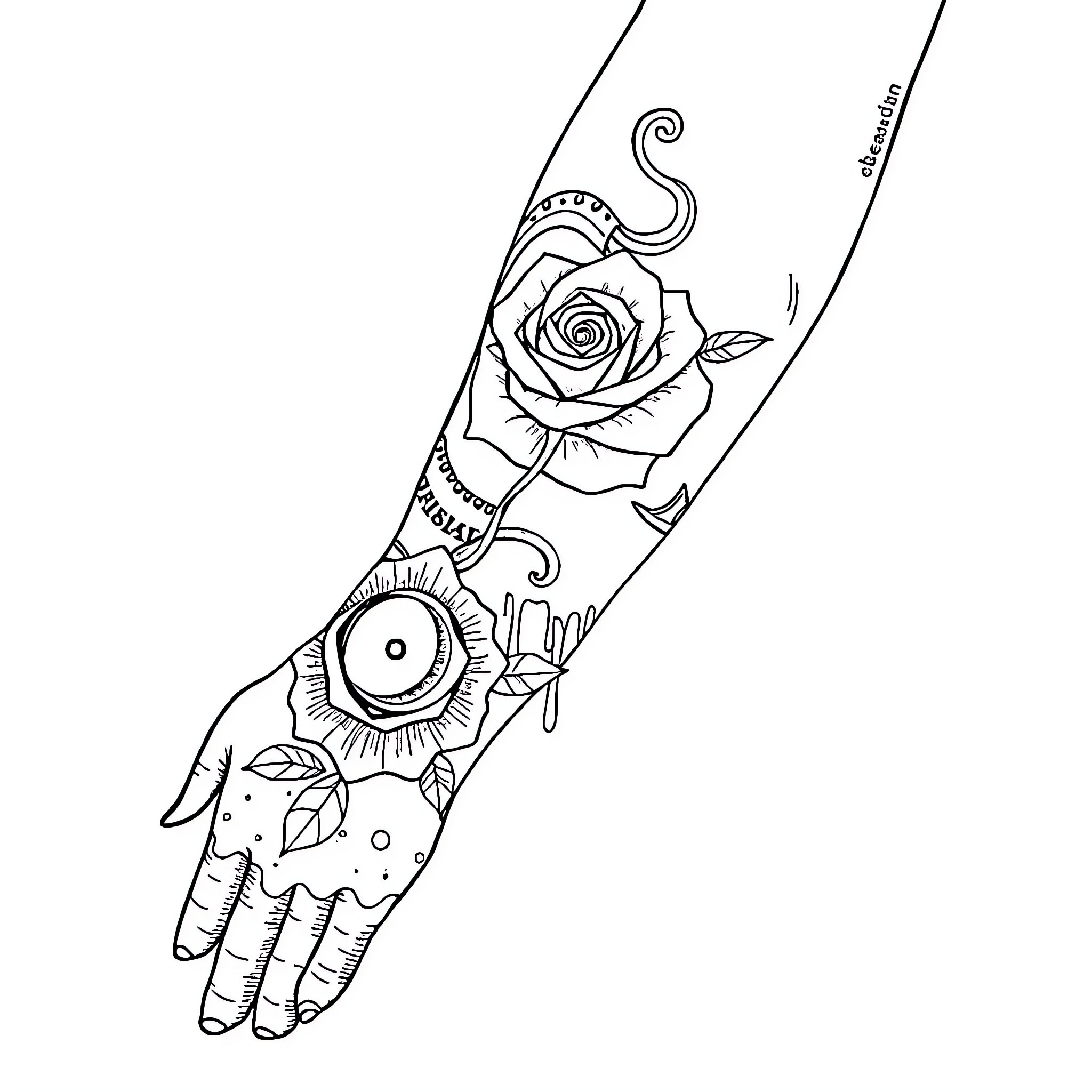 Arm adorned with intricate tattoo design Coloring Page (free black-and-white line drawing printable PDF for all, from beginners to advanced learners, including children, teens, adults, and seniors)