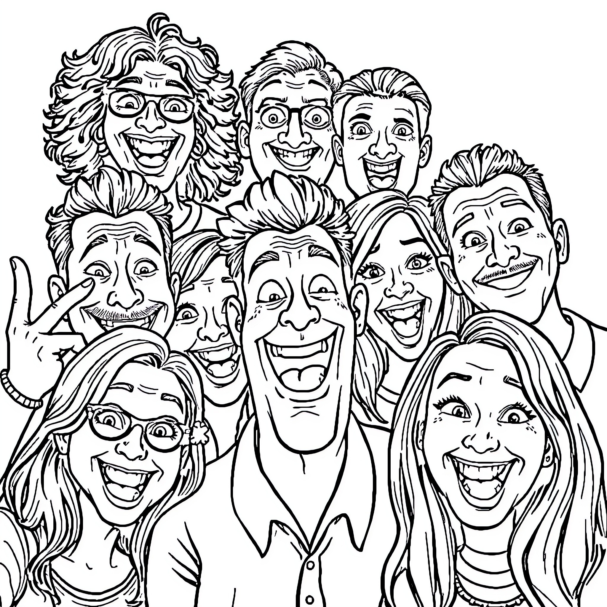 Goon's goofy group of grinning friends Coloring Page (free black-and-white line drawing printable PDF for all, from beginners to advanced learners, including children, teens, adults, and seniors)