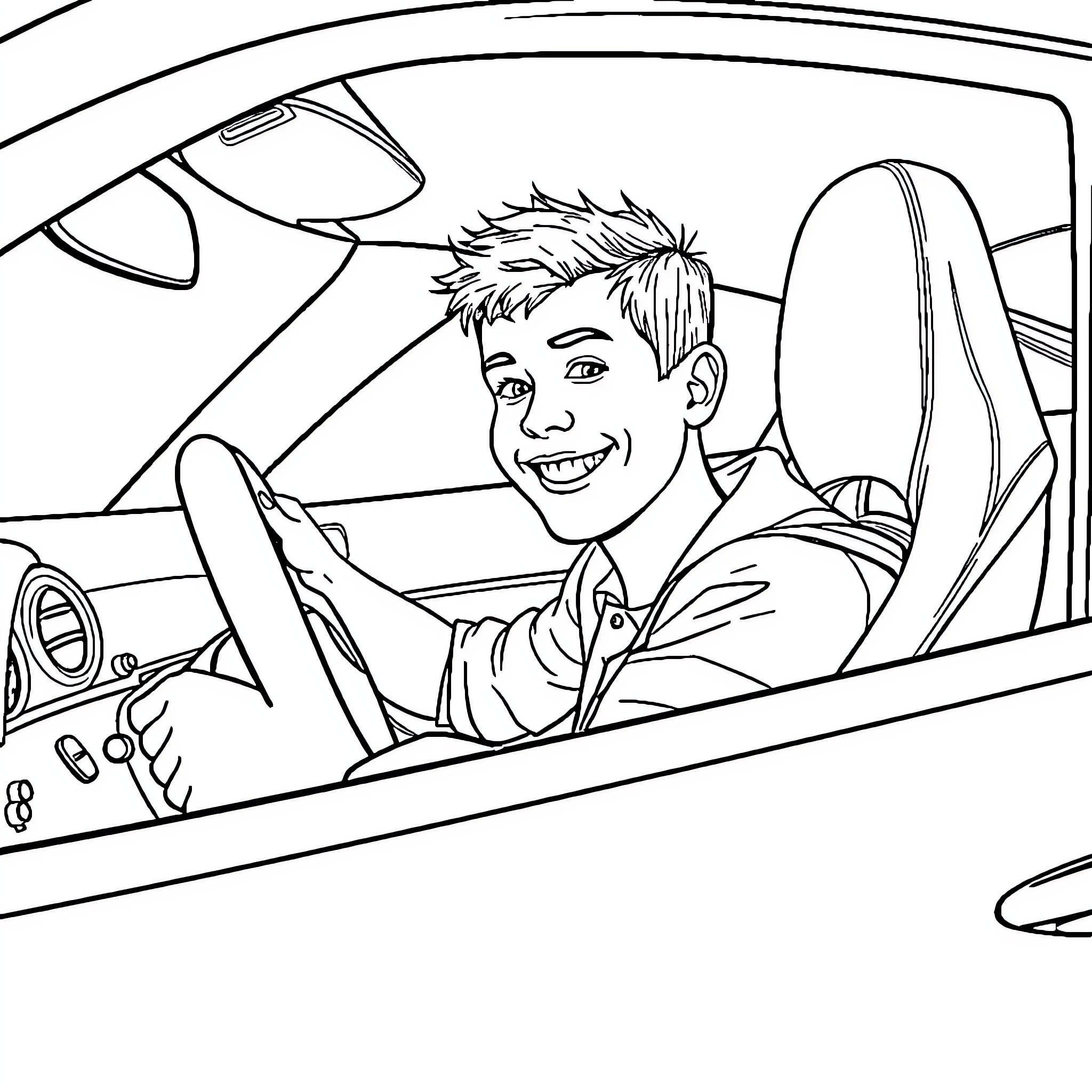 Porsche driver enjoying the ride happily Coloring Page (free black-and-white line drawing printable PDF for all, from beginners to advanced learners, including children, teens, adults, and seniors)