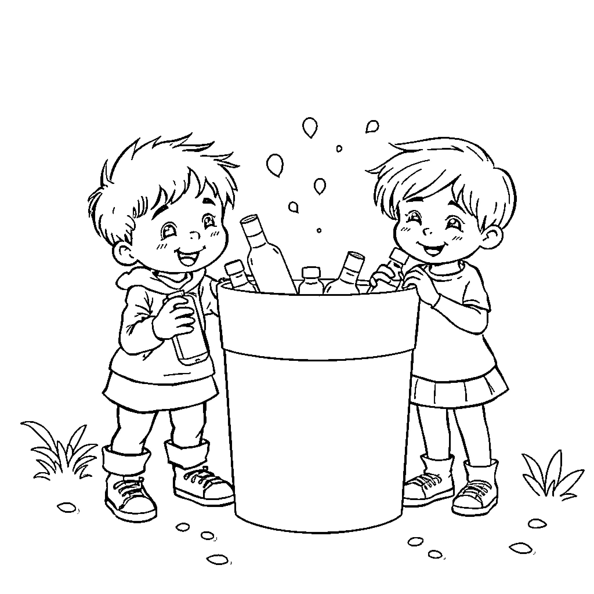 Niño exploring bubbles with friend Coloring Page (free black-and-white line drawing printable PDF for all, from beginners to advanced learners, including children, teens, adults, and seniors)