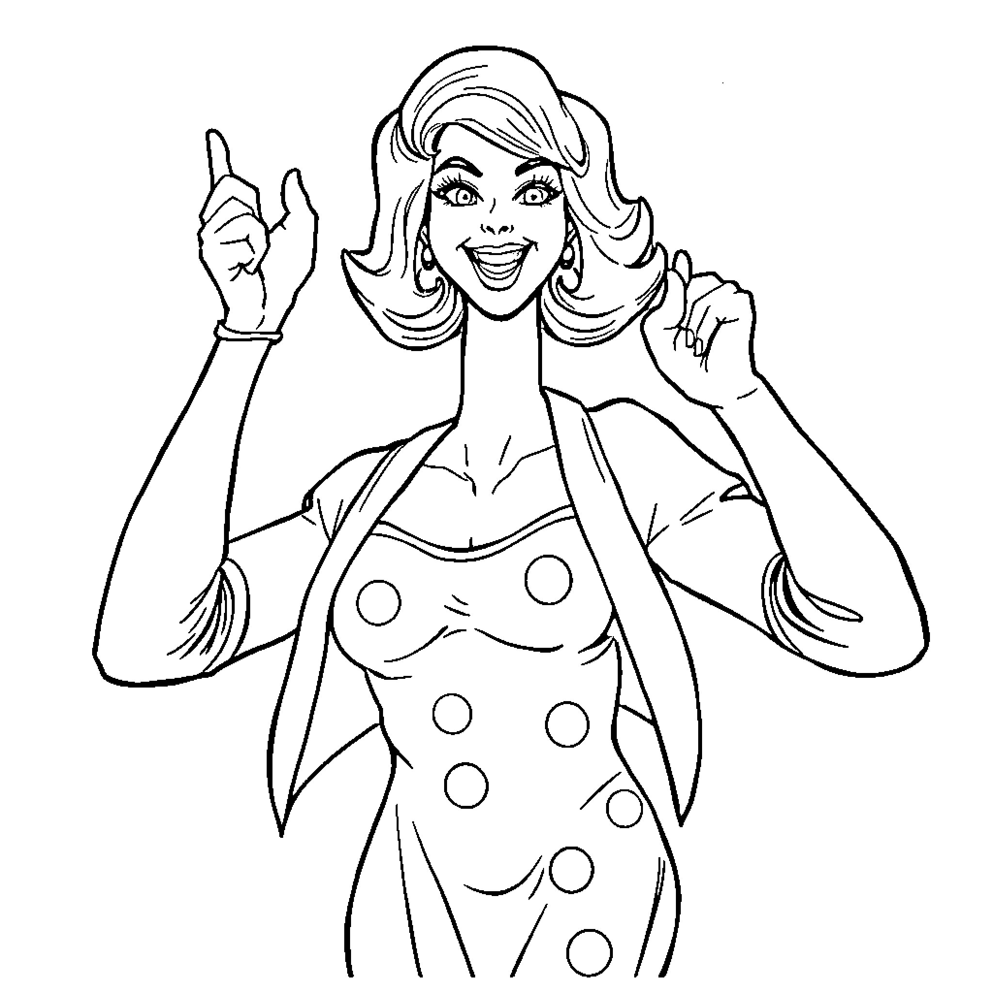 Judy Hoops: Playful Polka-Dot Persona Coloring Page (free black-and-white line drawing printable PDF for all, from beginners to advanced learners, including children, teens, adults, and seniors)