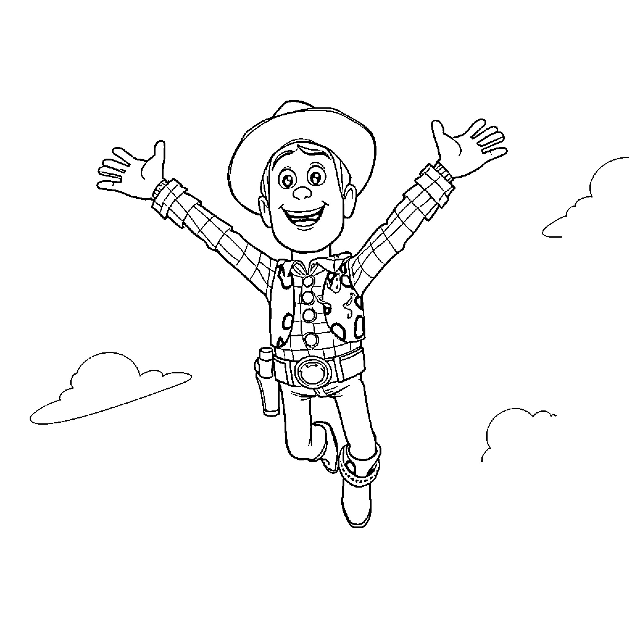 Woody's joyful leap in the clouds Coloring Page (free black-and-white line drawing printable PDF for all, from beginners to advanced learners, including children, teens, adults, and seniors)