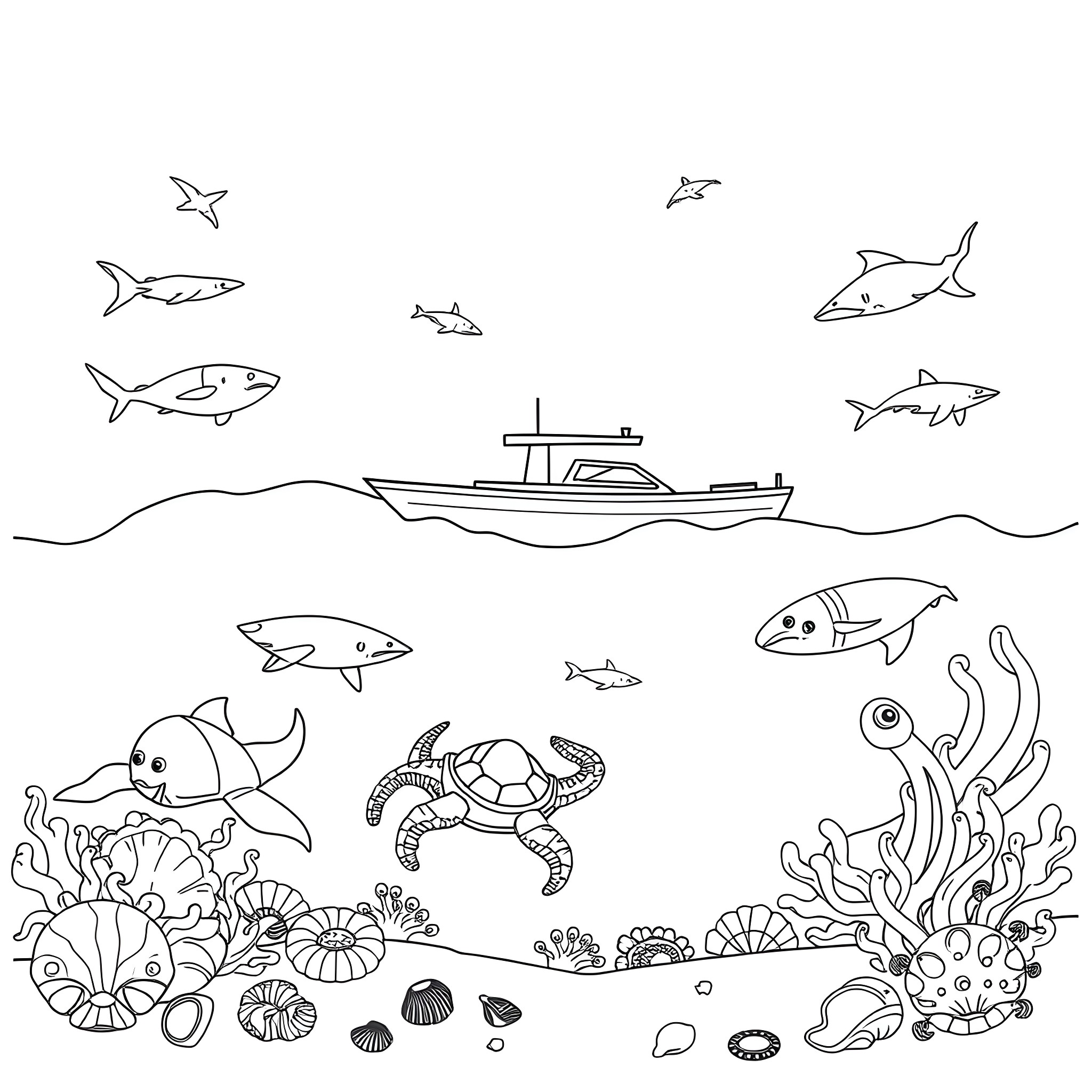 Ocean scene with marine life and boat Coloring Page (free black-and-white line drawing printable PDF for all, from beginners to advanced learners, including children, teens, adults, and seniors)
