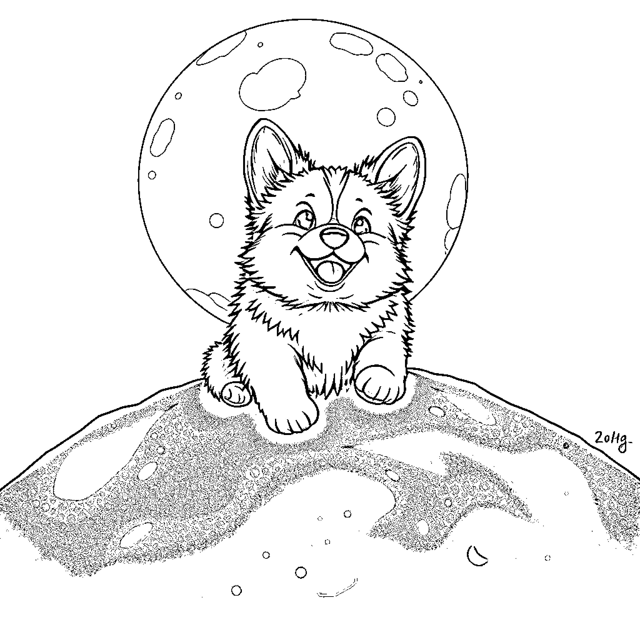 Corgi playing under the moon Coloring Page (free black-and-white line drawing printable PDF for all, from beginners to advanced learners, including children, teens, adults, and seniors)