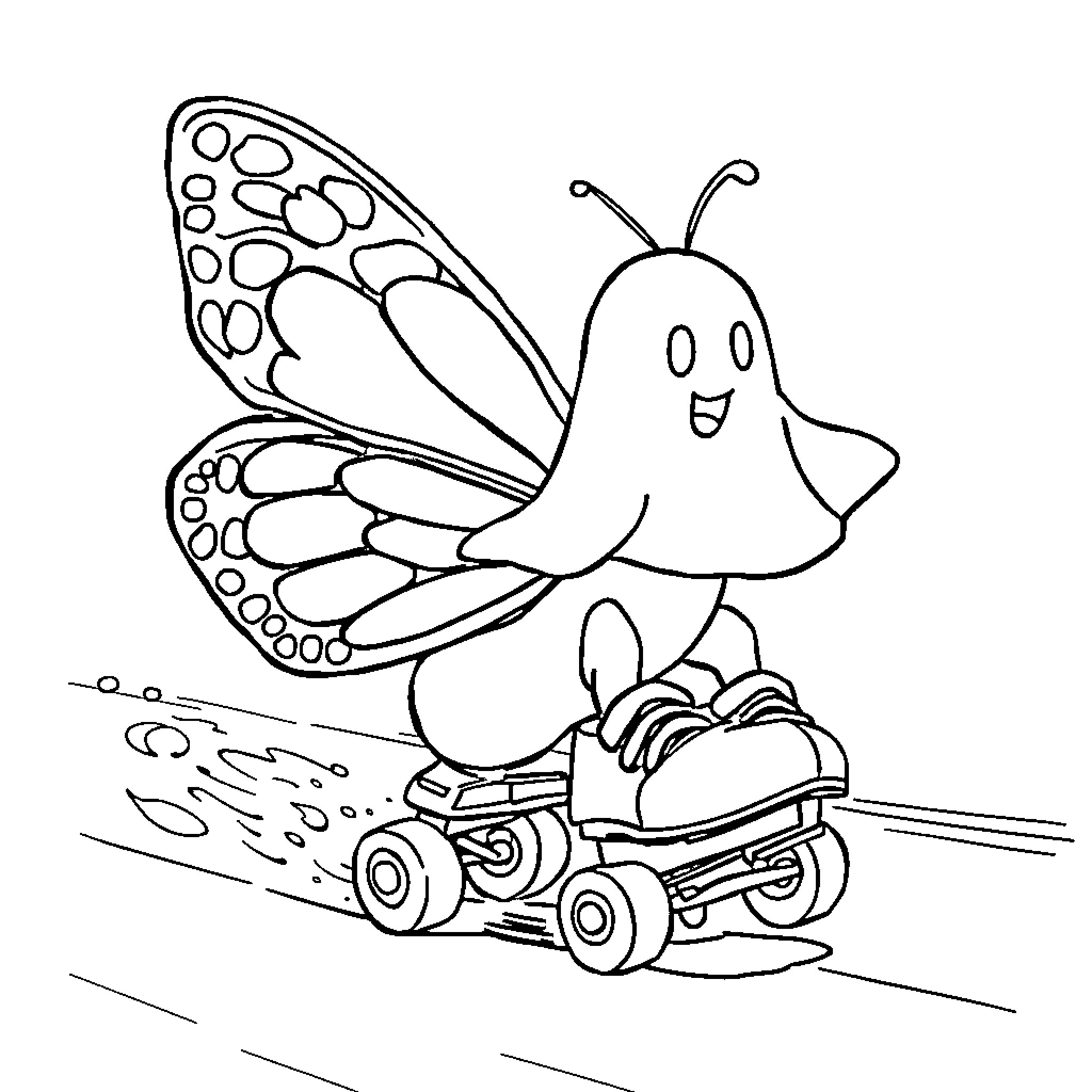 Butterfly riding on roller skates Coloring Page (free black-and-white line drawing printable PDF for all, from beginners to advanced learners, including children, teens, adults, and seniors)