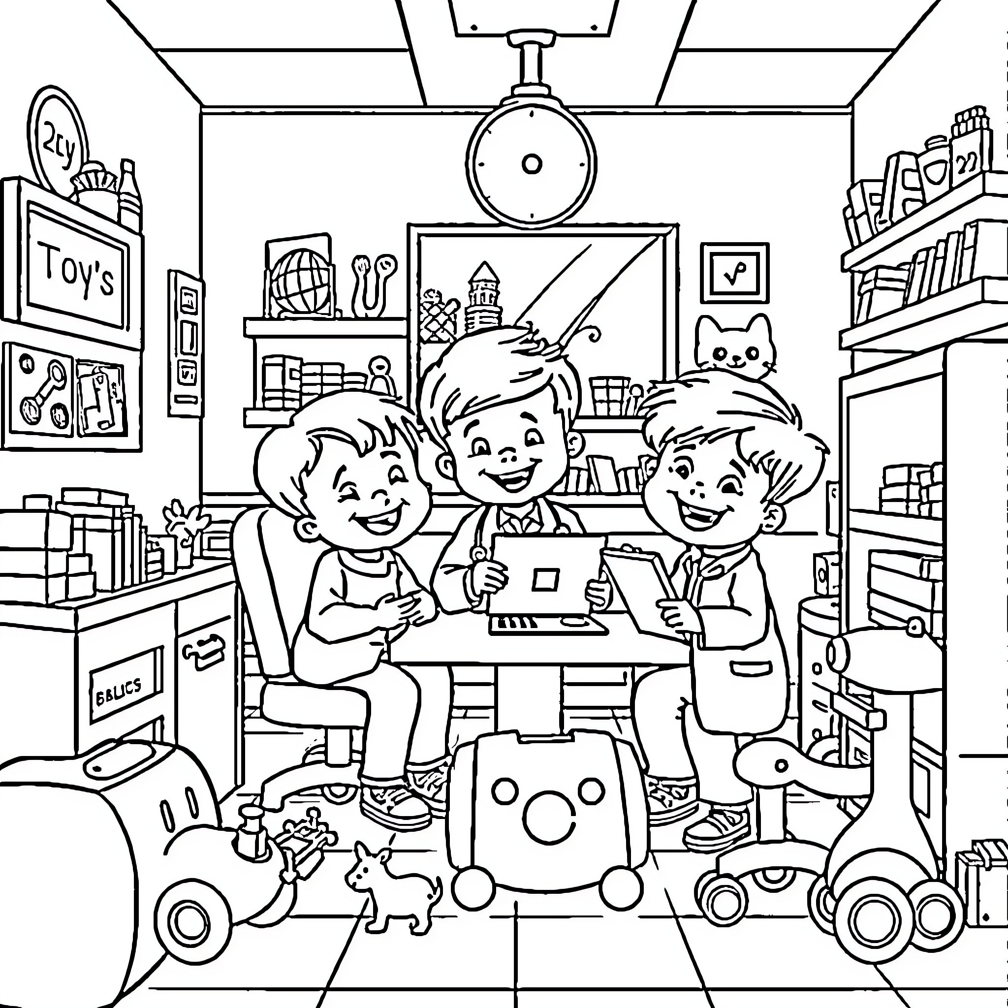 Child friends playing video games in toy store Coloring Page (free black-and-white line drawing printable PDF for all, from beginners to advanced learners, including children, teens, adults, and seniors)