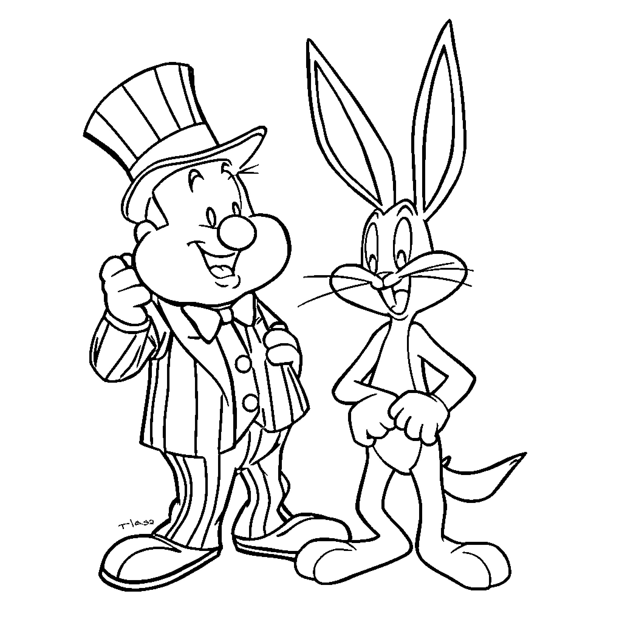 Elmer and Bugs Bunny in formal attire Coloring Page (free black-and-white line drawing printable PDF for all, from beginners to advanced learners, including children, teens, adults, and seniors)