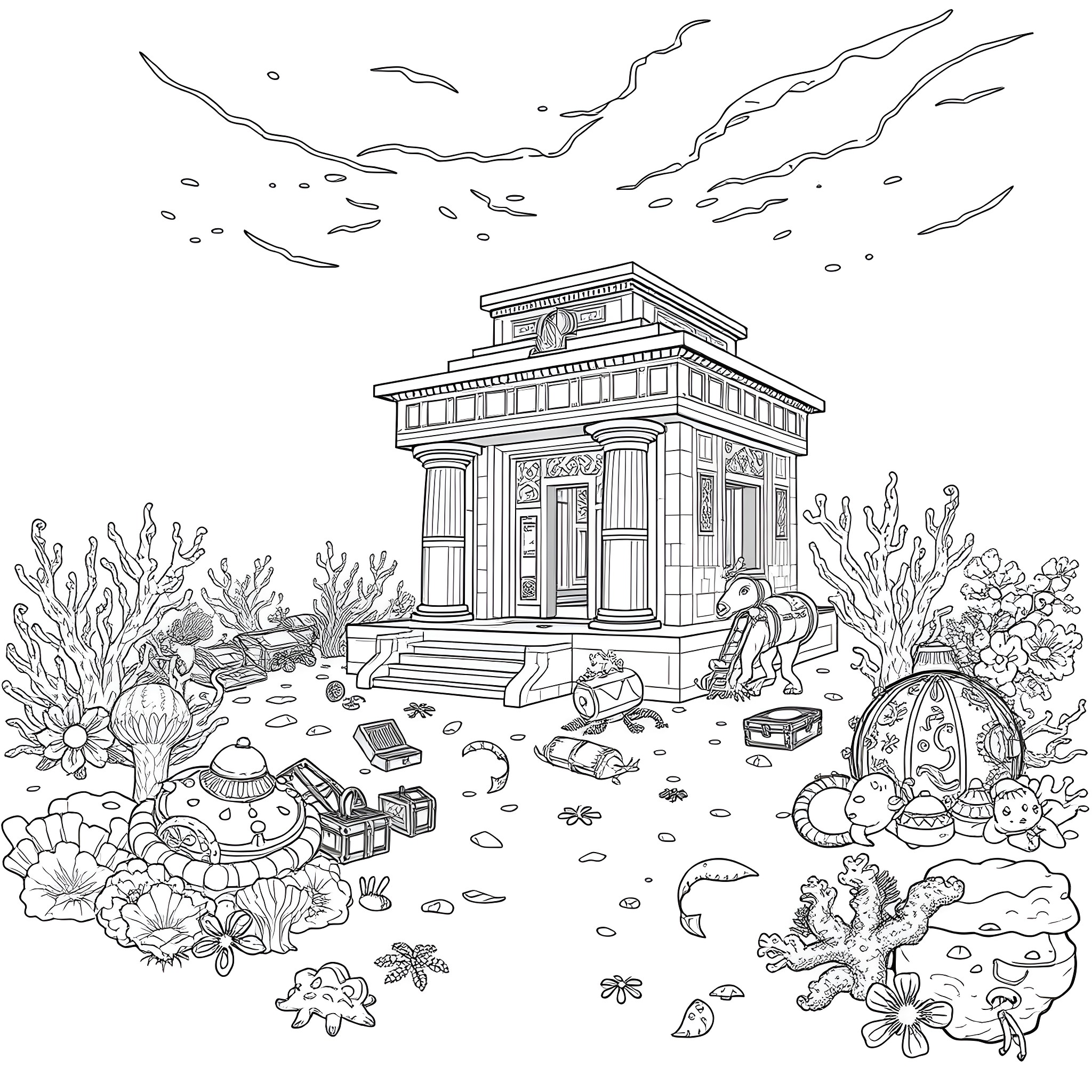 Temple with Archeological Treasures Surrounded by Nature Coloring Page (free black-and-white line drawing printable PDF for all, from beginners to advanced learners, including children, teens, adults, and seniors)