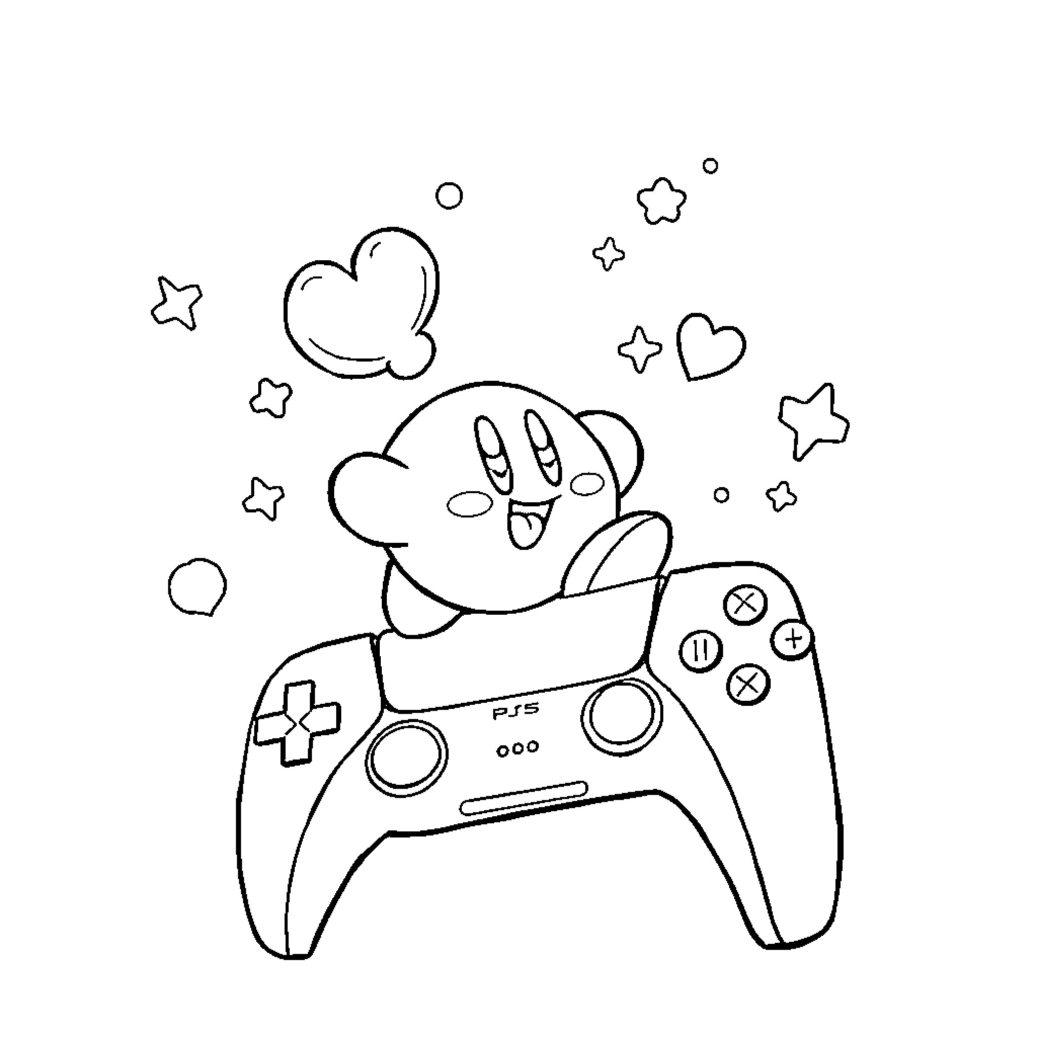 Kirby playing with game controller and stars Coloring Page (free black-and-white line drawing printable PDF for all, from beginners to advanced learners, including children, teens, adults, and seniors)
