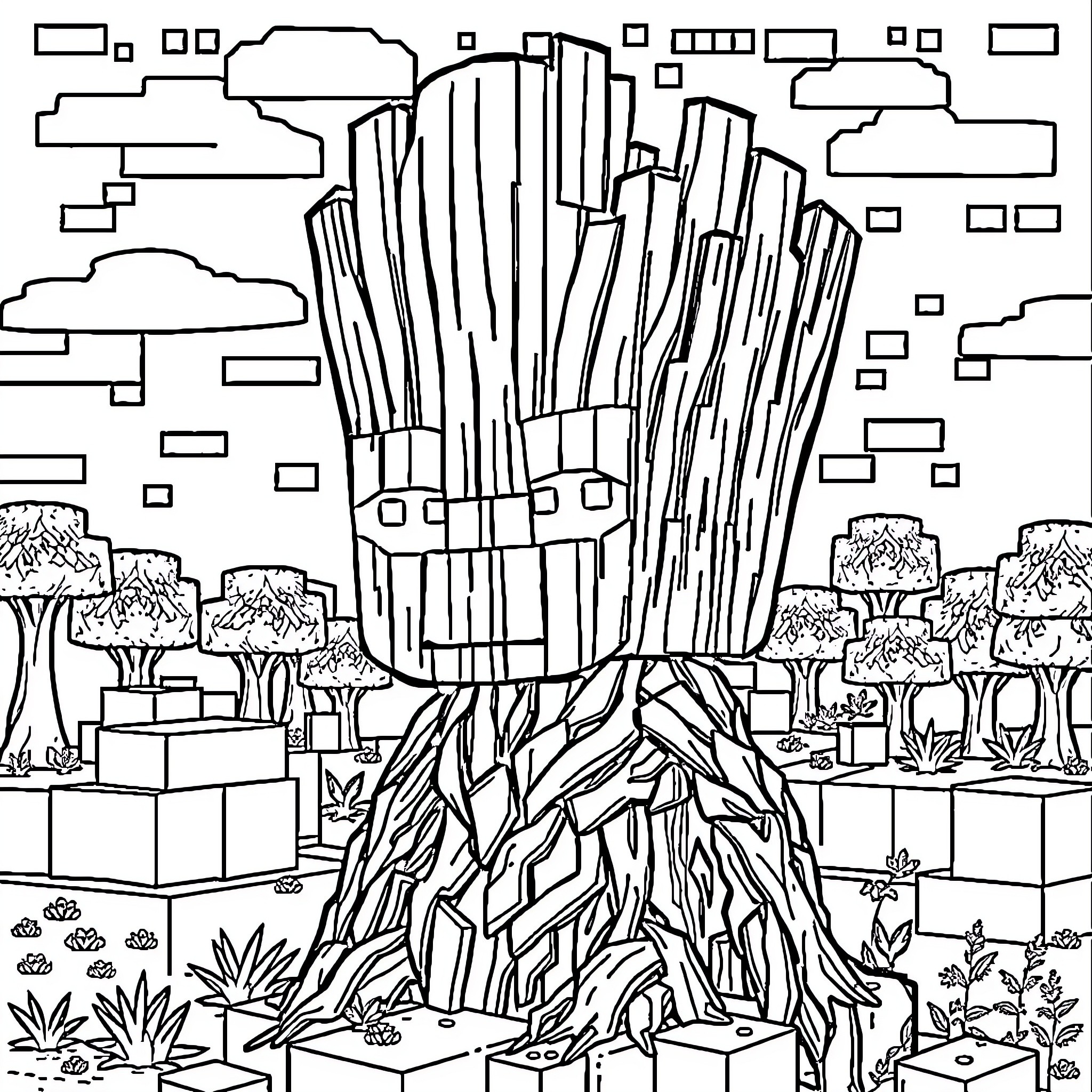 Groot standing tall in a forest landscape Coloring Page (free black-and-white line drawing printable PDF for all, from beginners to advanced learners, including children, teens, adults, and seniors)