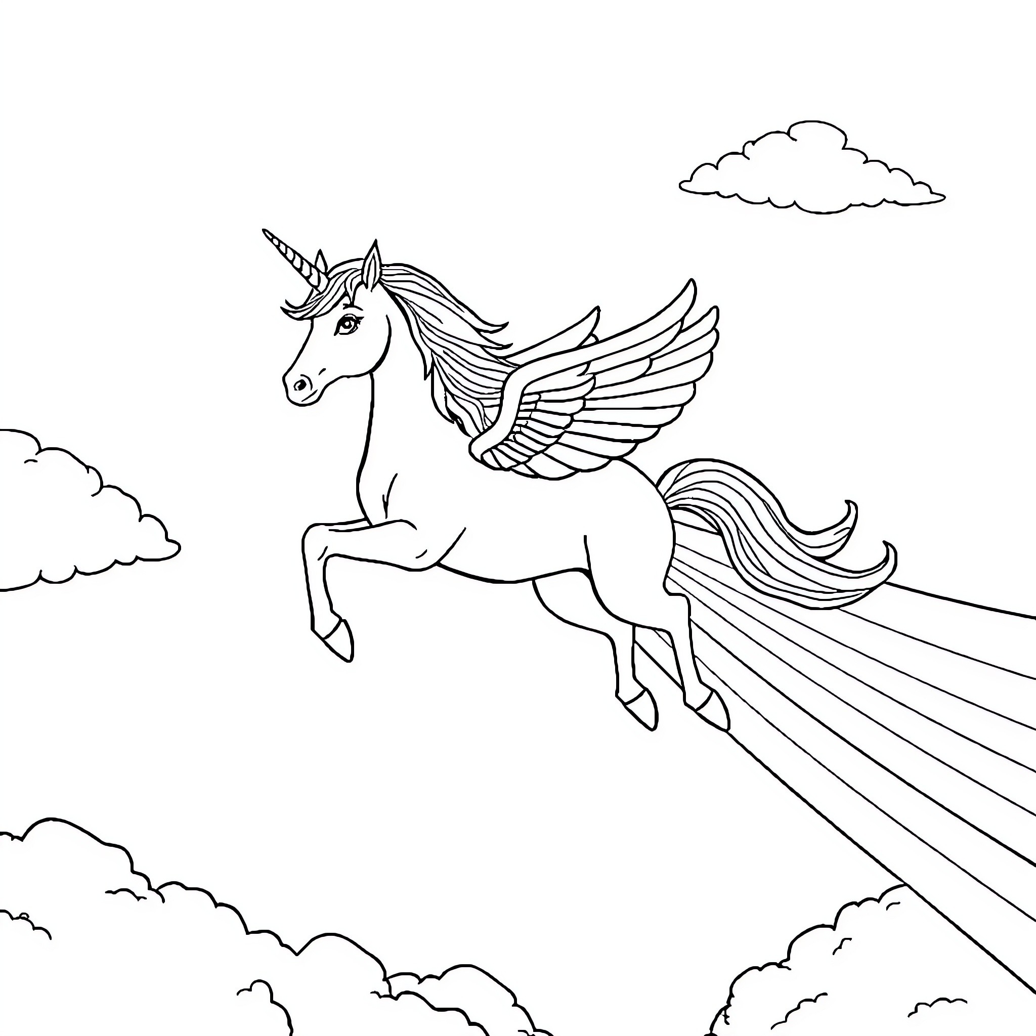Unicorn soaring through the sky with wings Coloring Page (free black-and-white line drawing printable PDF for all, from beginners to advanced learners, including children, teens, adults, and seniors)