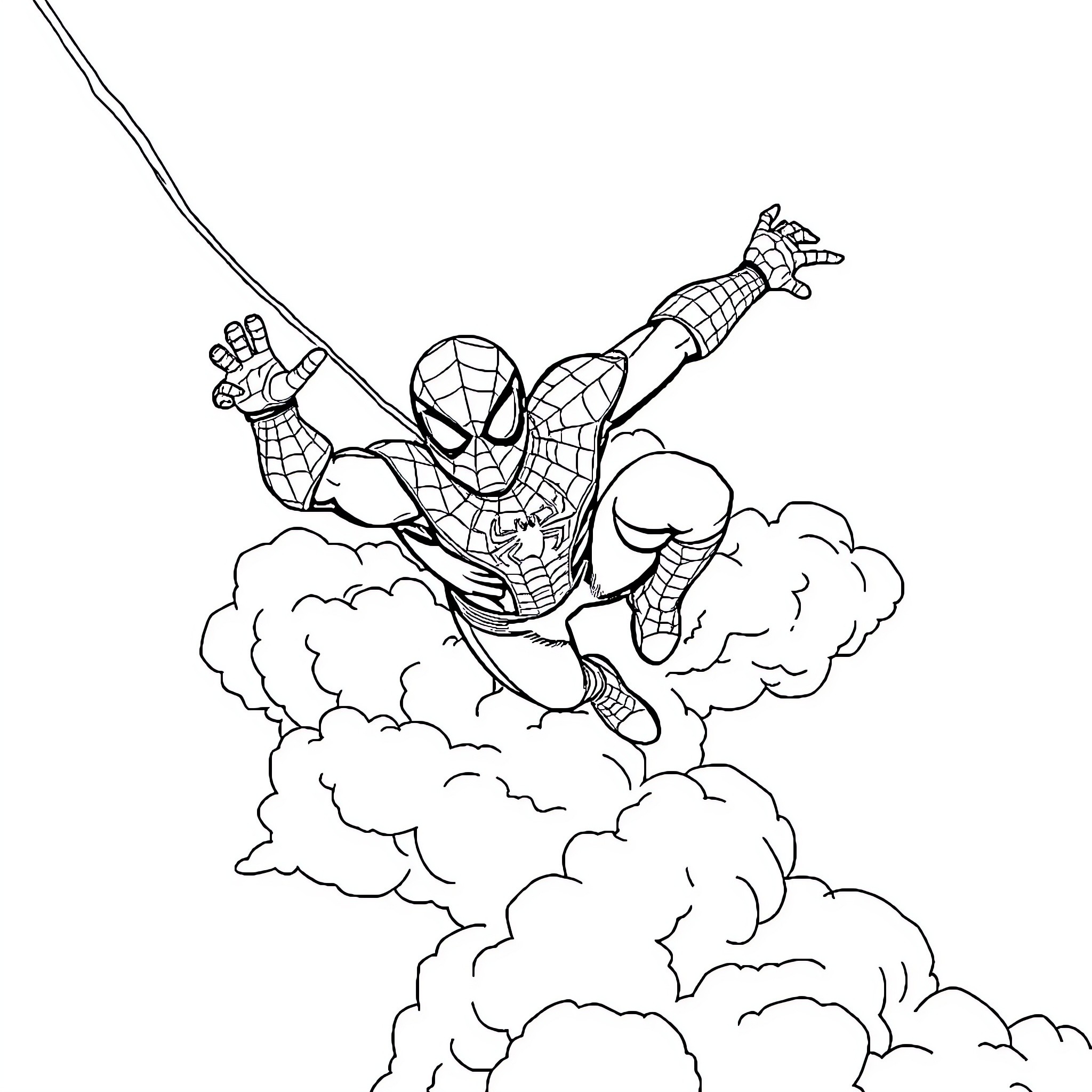 Spiderman swinging through the air in heroic pose Coloring Page (free black-and-white line drawing printable PDF for all, from beginners to advanced learners, including children, teens, adults, and seniors)