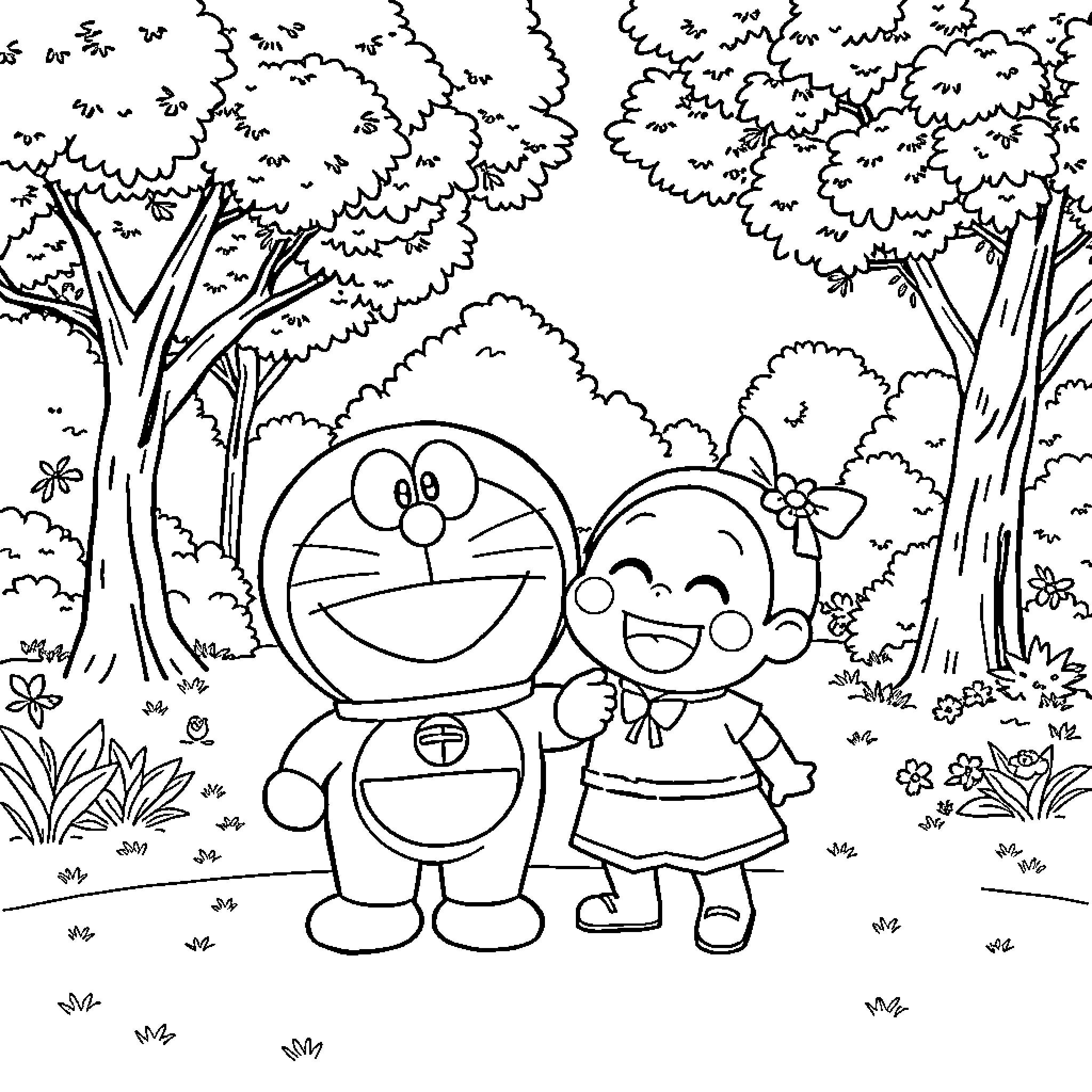 Doraemon and Nobita enjoying nature in the forest Coloring Page (free black-and-white line drawing printable PDF for all, from beginners to advanced learners, including children, teens, adults, and seniors)