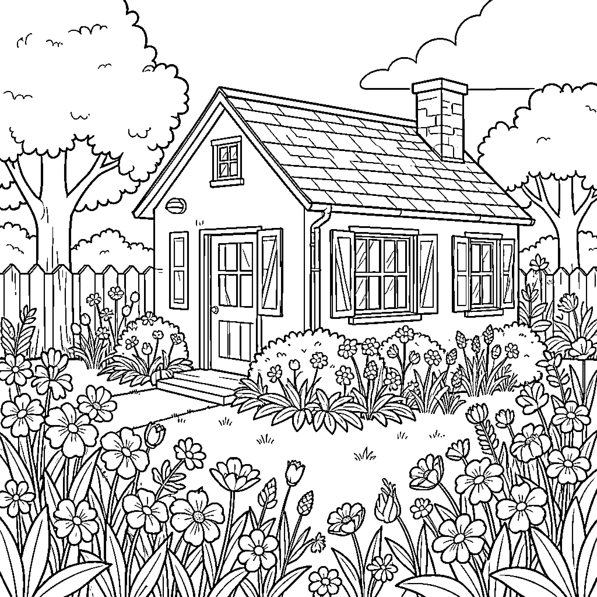 House with colorful floral garden and trees Coloring Page (free black-and-white line drawing printable PDF for all, from beginners to advanced learners, including children, teens, adults, and seniors)