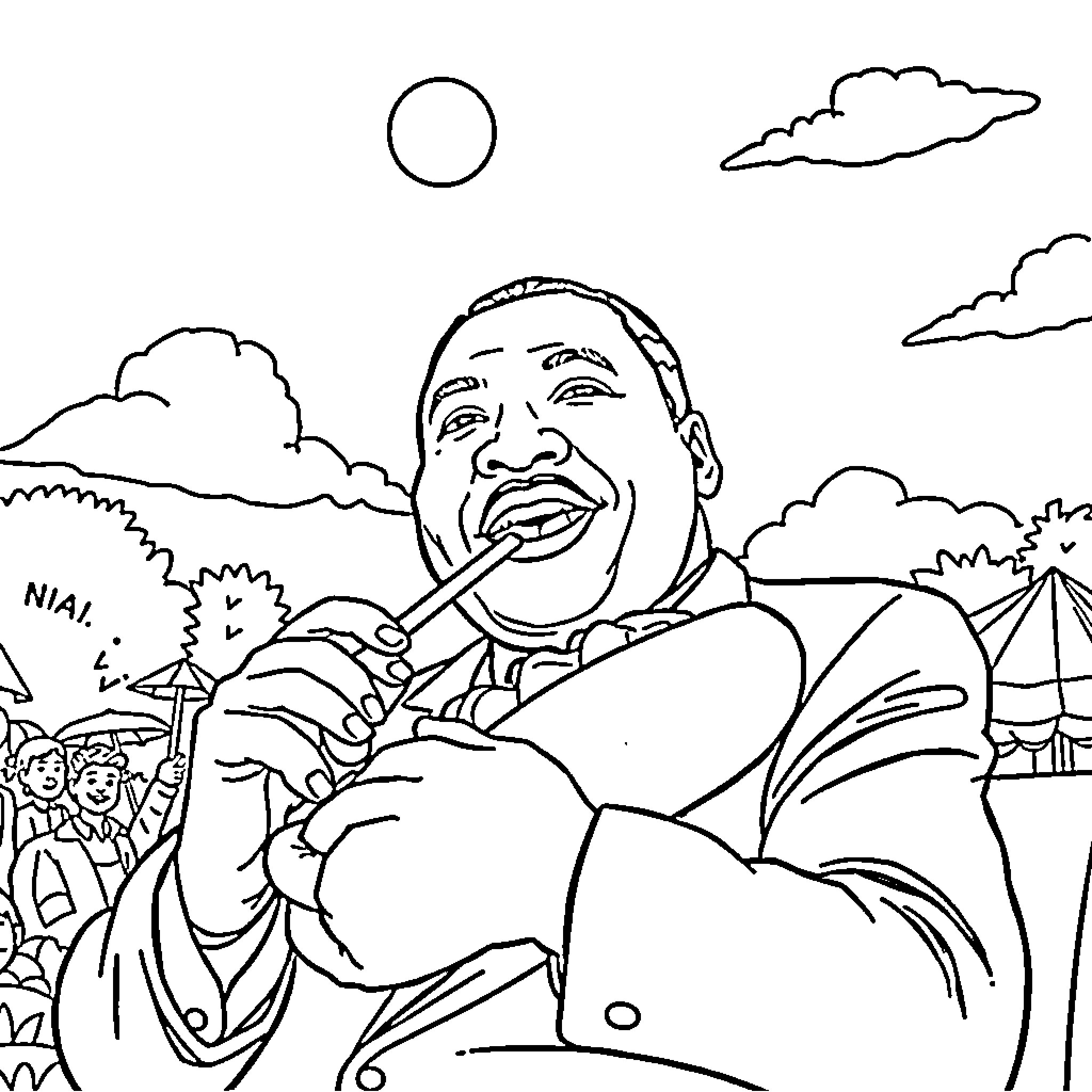 MLK Delivering Powerful Speech to Crowd Coloring Page (free black-and-white line drawing printable PDF for all, from beginners to advanced learners, including children, teens, adults, and seniors)