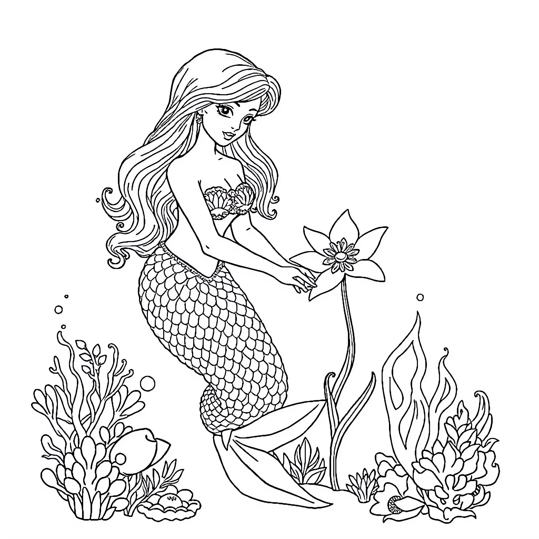 Mermaid admiring a sea flower Coloring Page (free black-and-white line drawing printable PDF for all, from beginners to advanced learners, including children, teens, adults, and seniors)