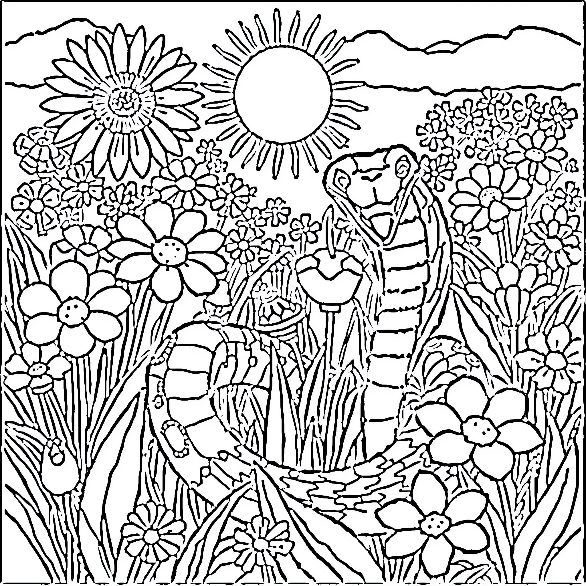 Cobra coiling amidst vibrant flowers and sunlit landscape Coloring Page (free black-and-white line drawing printable PDF for all, from beginners to advanced learners, including children, teens, adults, and seniors)