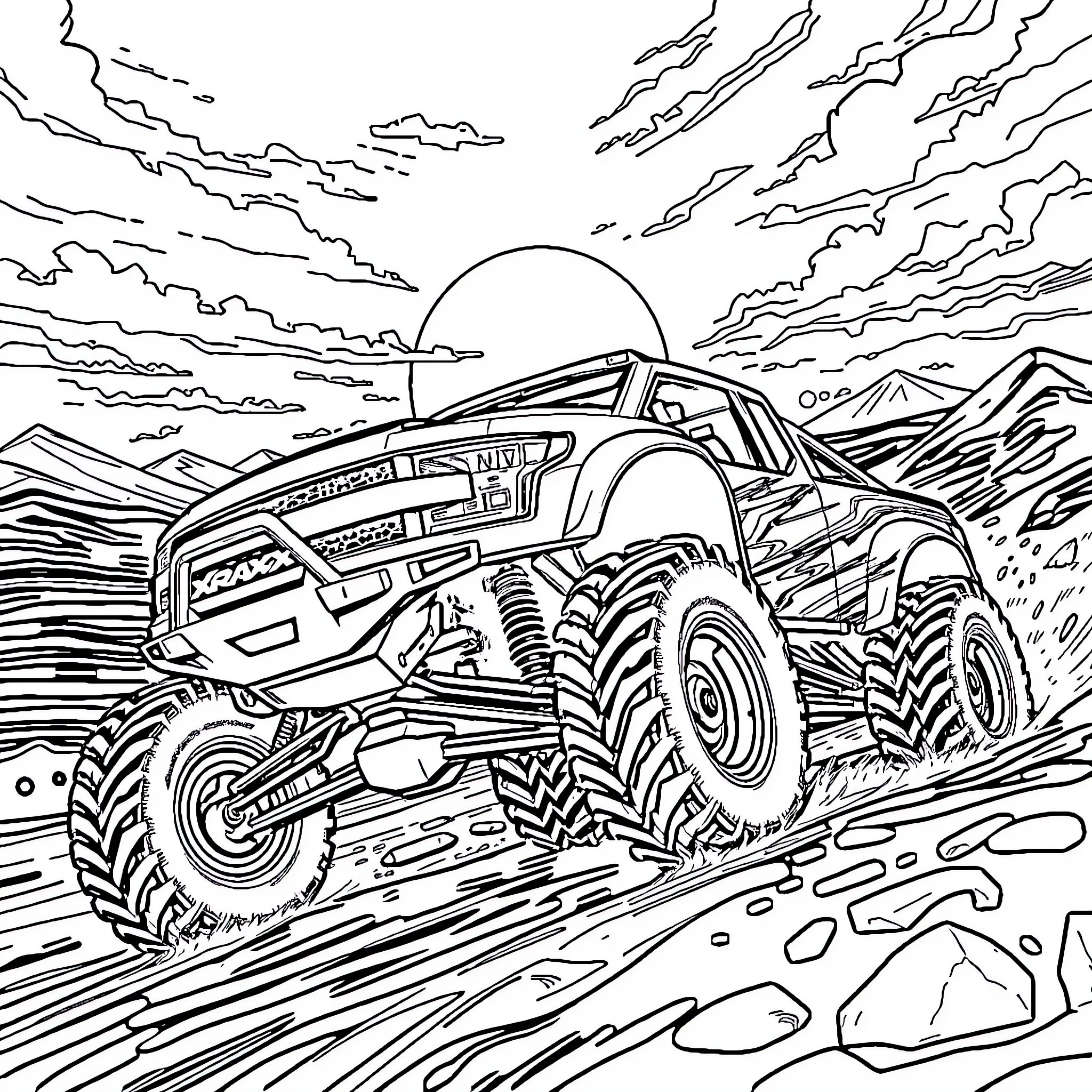 RC Car racing through rugged landscape Coloring Page (free black-and-white line drawing printable PDF for all, from beginners to advanced learners, including children, teens, adults, and seniors)