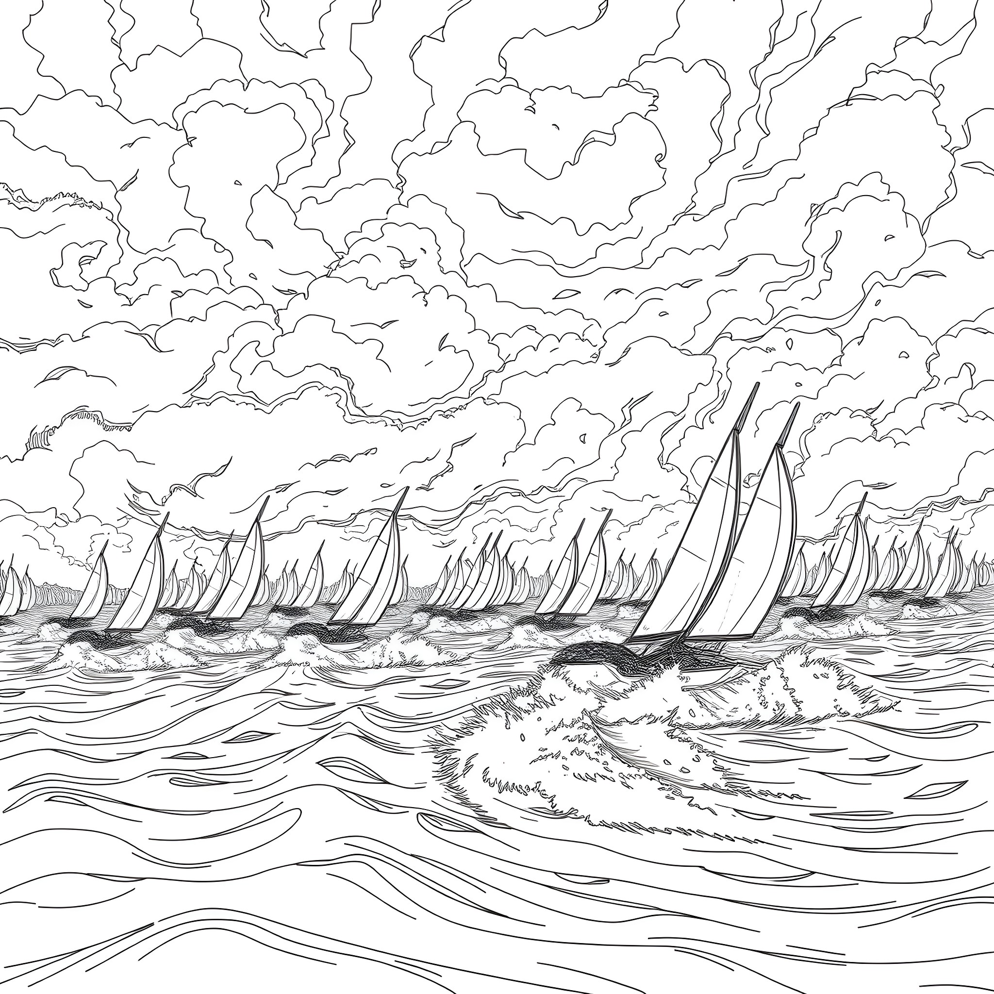 Yacht race on the stormy seas Coloring Page (free black-and-white line drawing printable PDF for all, from beginners to advanced learners, including children, teens, adults, and seniors)