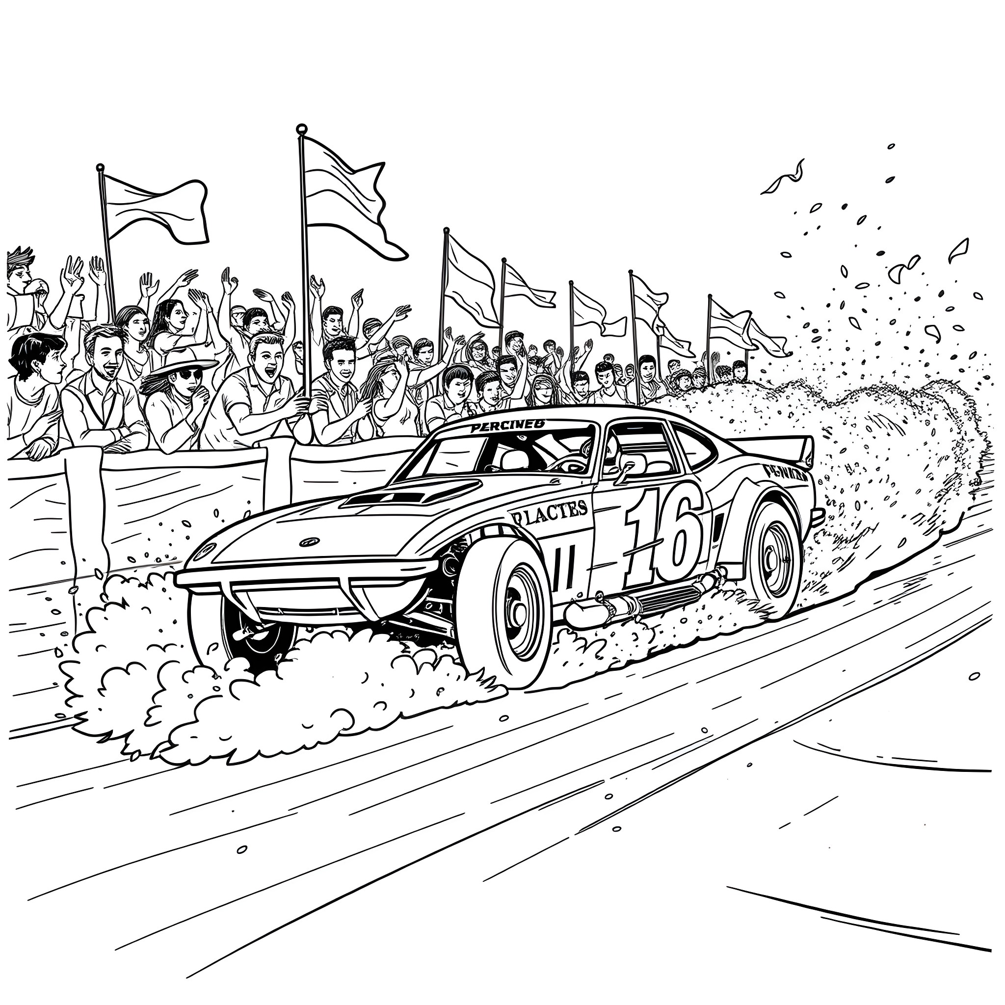 Derby Car Racing with Cheering Crowd Coloring Page (free black-and-white line drawing printable PDF for all, from beginners to advanced learners, including children, teens, adults, and seniors)